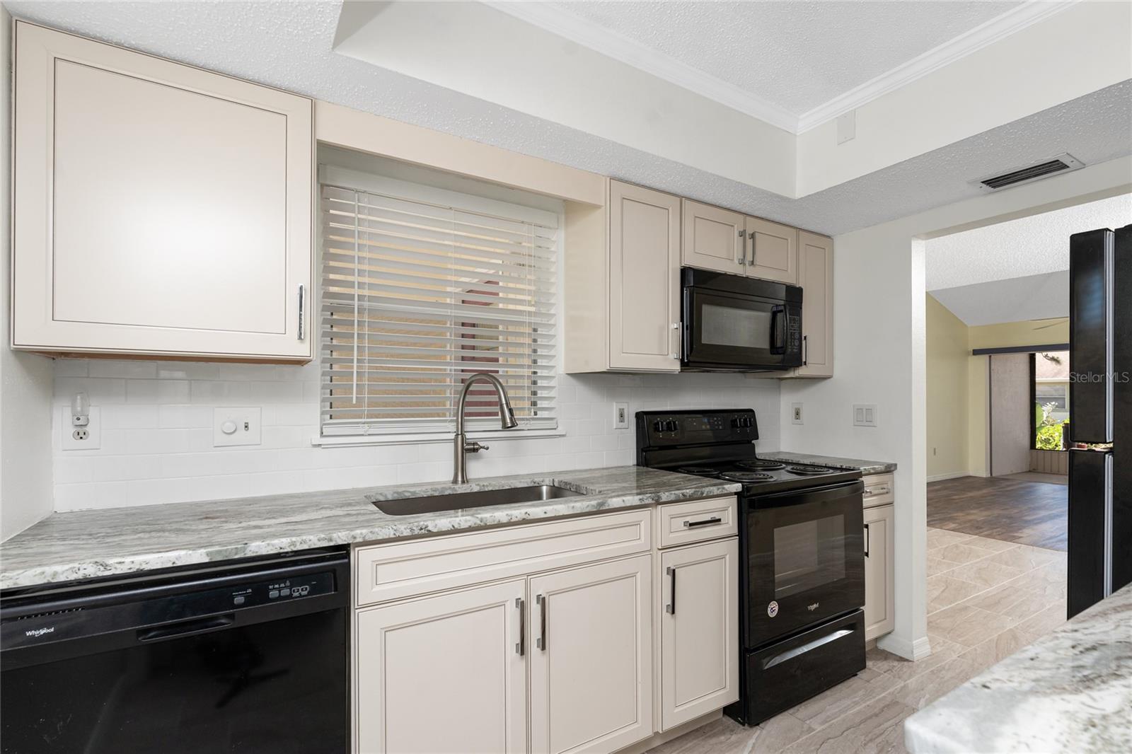 Black appliances make for a more dramatic look and tie in the color of the granite. - 6796 GASPARILLA PINES BLVD #63, ENGLEWOOD