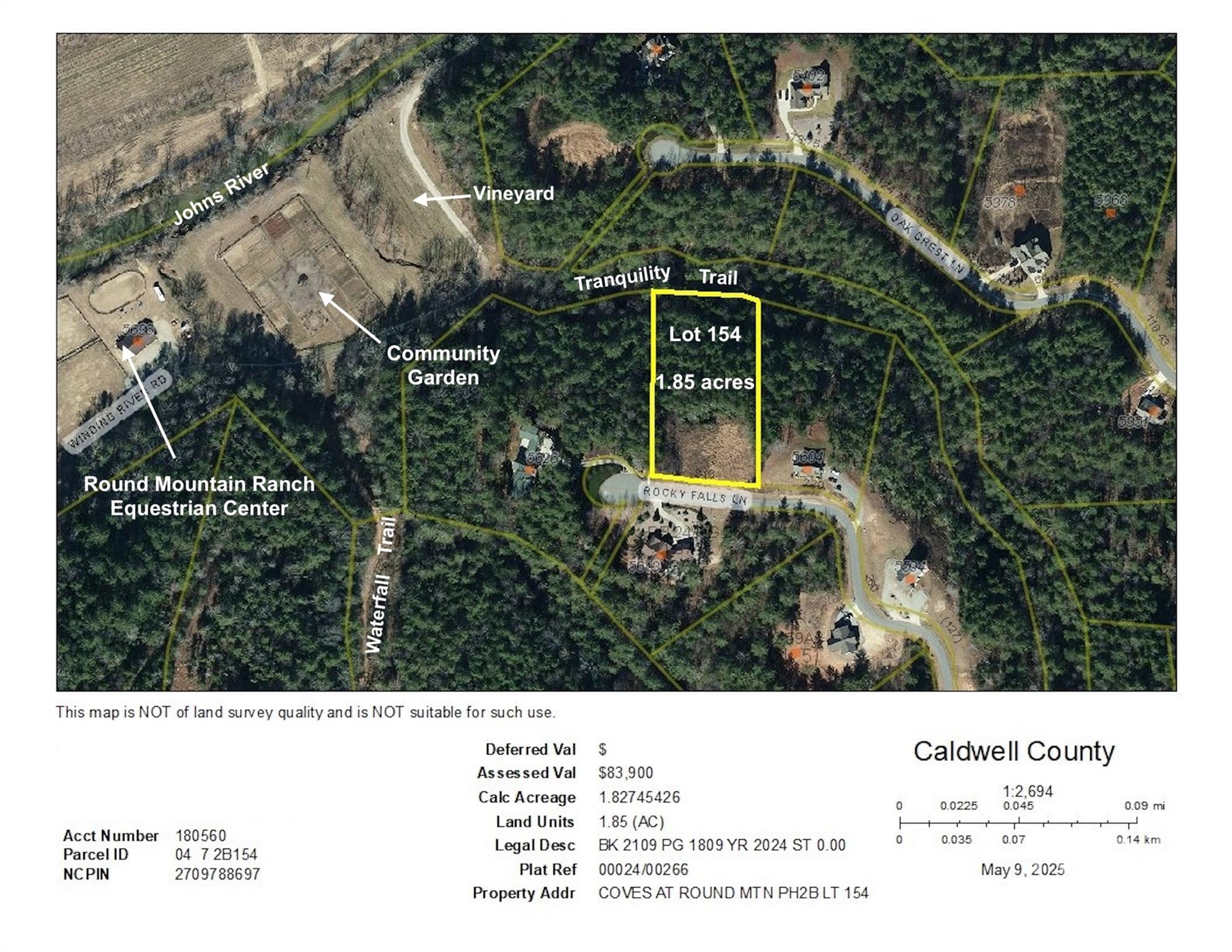 Lot 154 aerial map shows that the lot is much bigger than it appears from the street; it is deeper than it is wide - 1.85 acres Lot 154 Rocky Falls Lane, Lenoir
