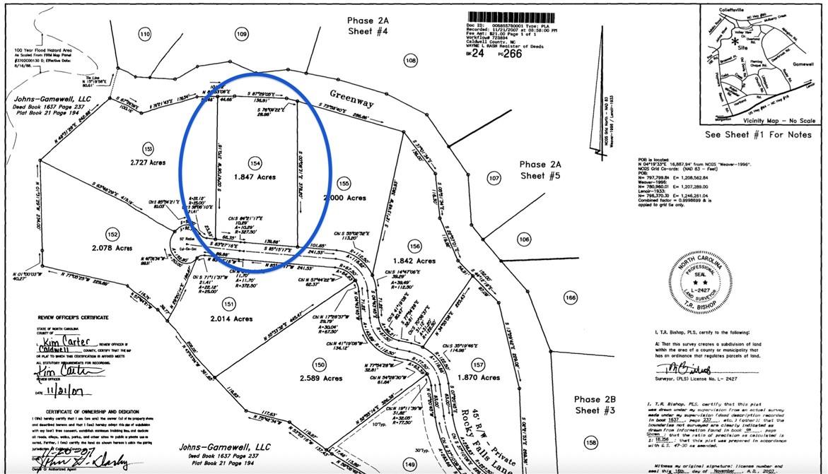 Lot 154 Plat Map - the lot is approx 216 feet wide - 1.85 acres Lot 154 Rocky Falls Lane, Lenoir