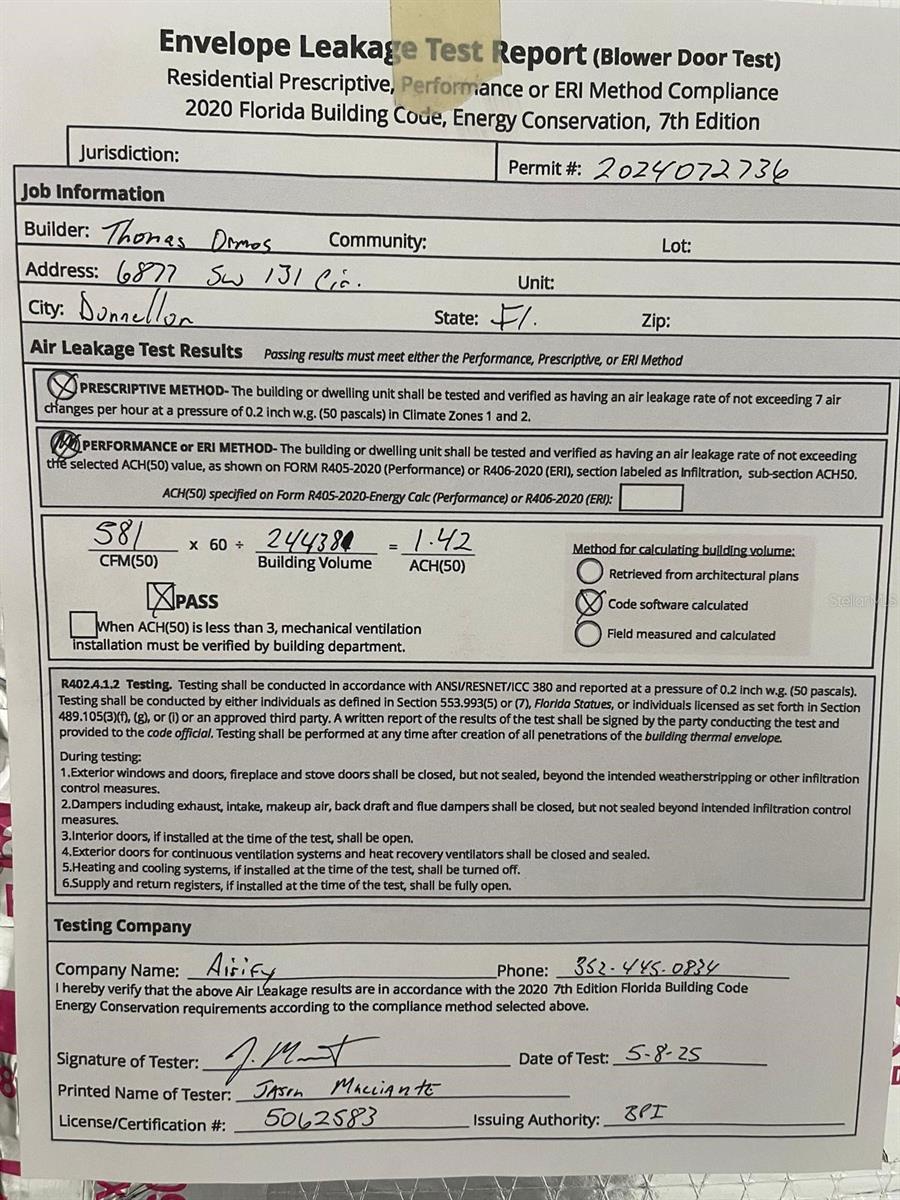 BLOWER DOOR TEST RESULTS - 6877 SW 131ST CIR, OCALA