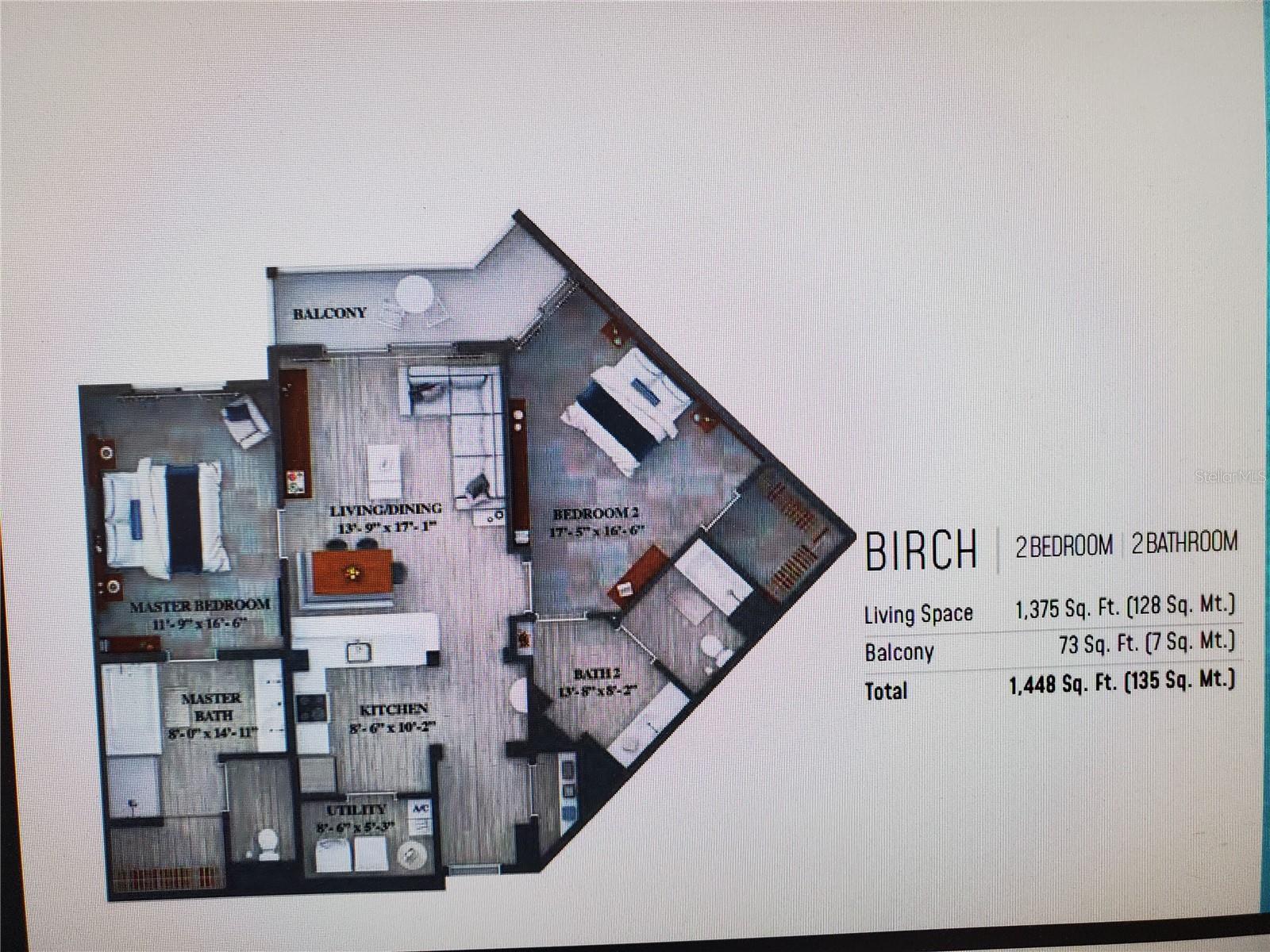 Birch floor plan: 2 bedrooms, 2 baths, extra long balcony - 14501 GROVE RESORT AVE #1612, WINTER GARDEN