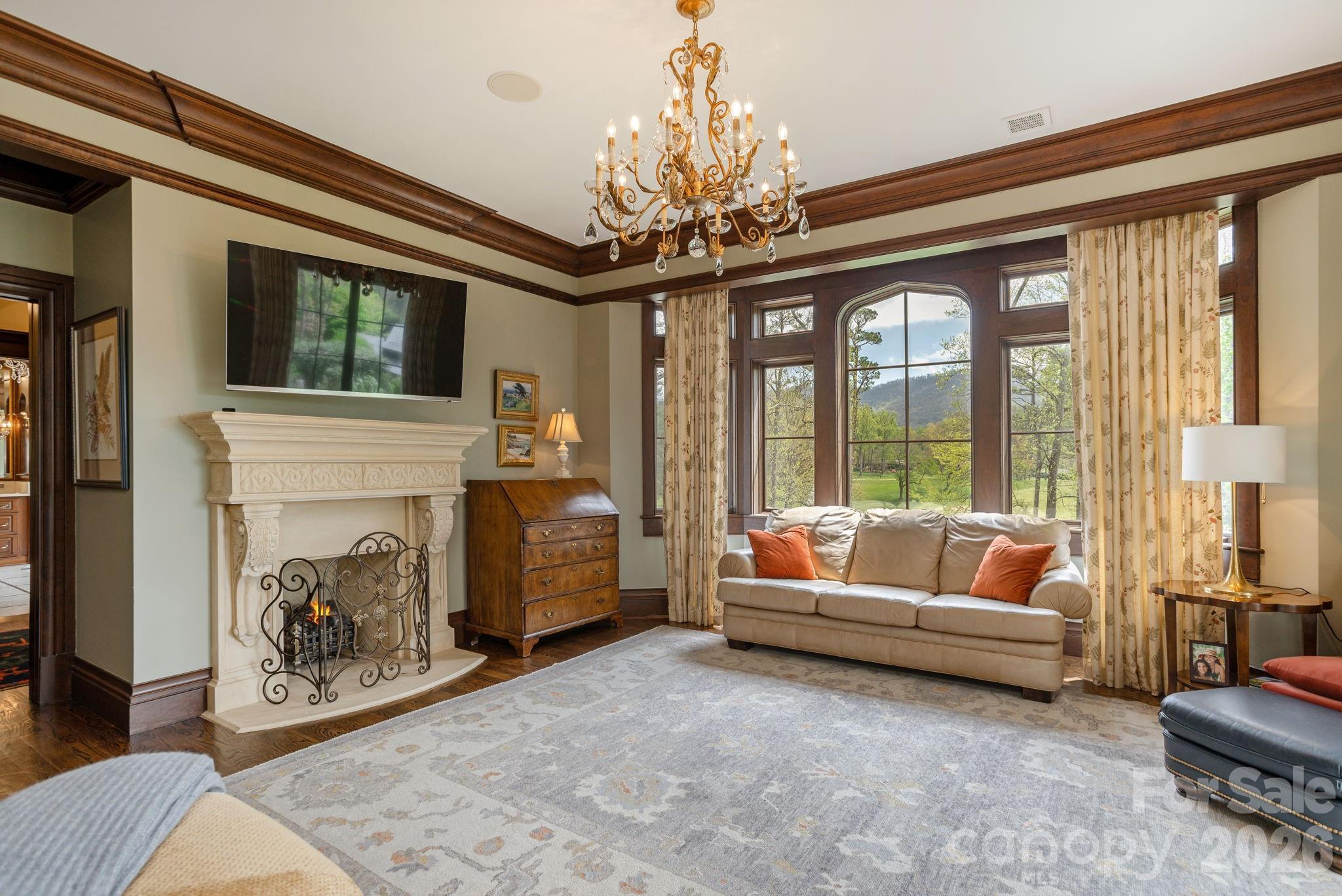 Primary suite with fireplace, overlooking the golf course and mountains. - 8 Fairway Place, Asheville