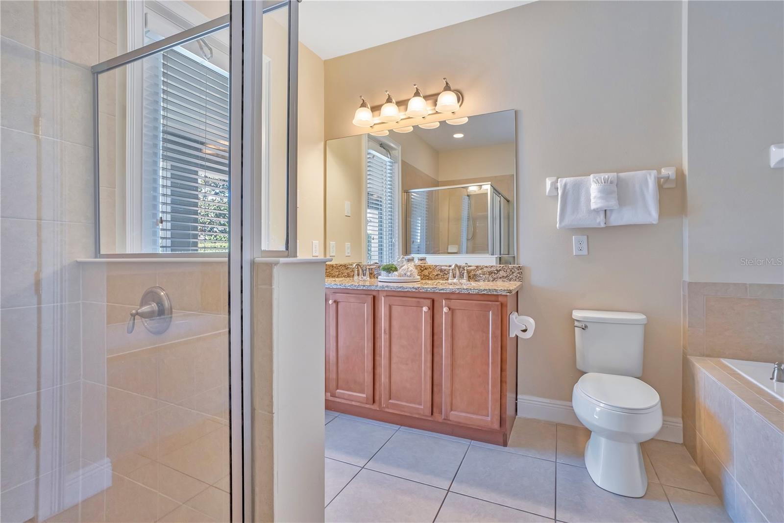 Private ensuite bath with granite countertops and glass-enclosed shower - 631 LASSO DR, KISSIMMEE