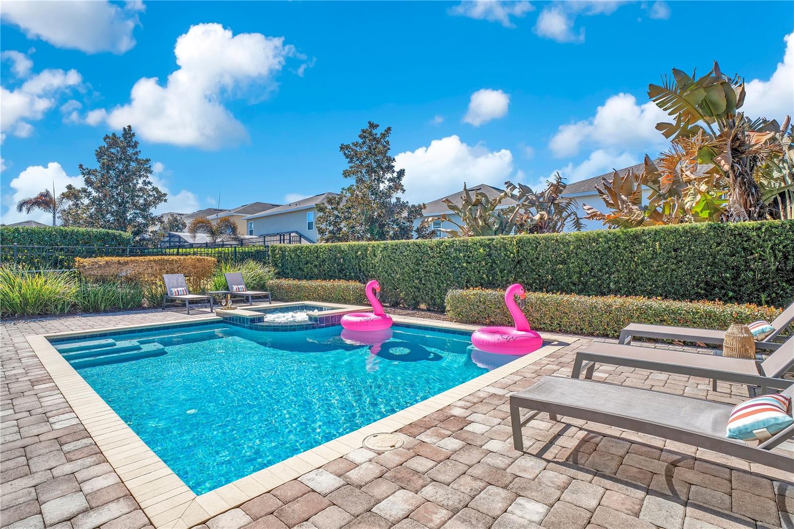 Private heated pool with brick paver deck, lush landscaping, and ample space for lounging and entertaining - 631 LASSO DR, KISSIMMEE
