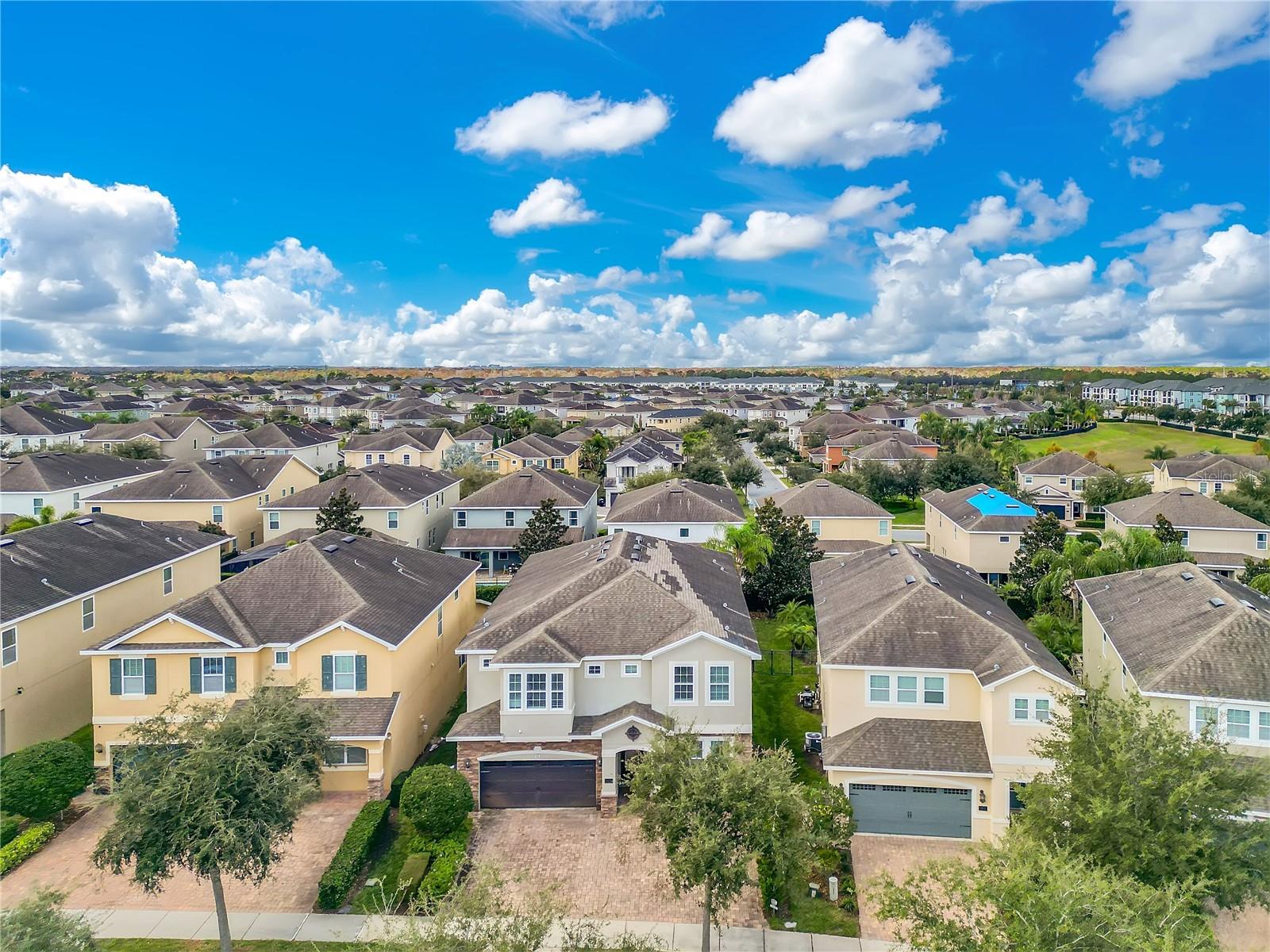 Aerial view showcasing the home’s private pool and prime positioning within Encore at Reunion - 631 LASSO DR, KISSIMMEE