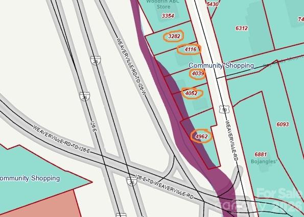 Screen capture from Buncombe County GIS shows extent of floodway - 128-138 Weaverville Road, Asheville