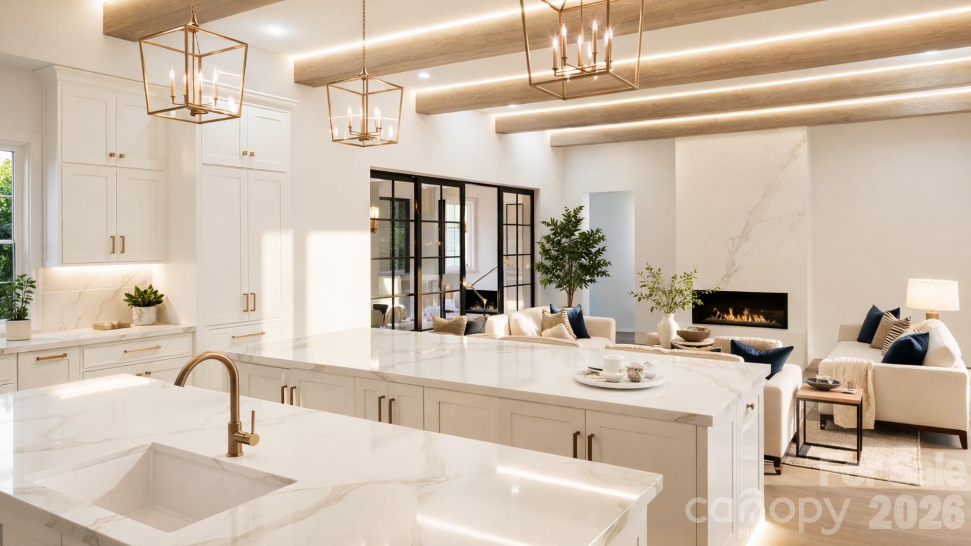 Rendering of kitchen and living room with doors to pool area - 1168 Fern Hill Road, Mooresville