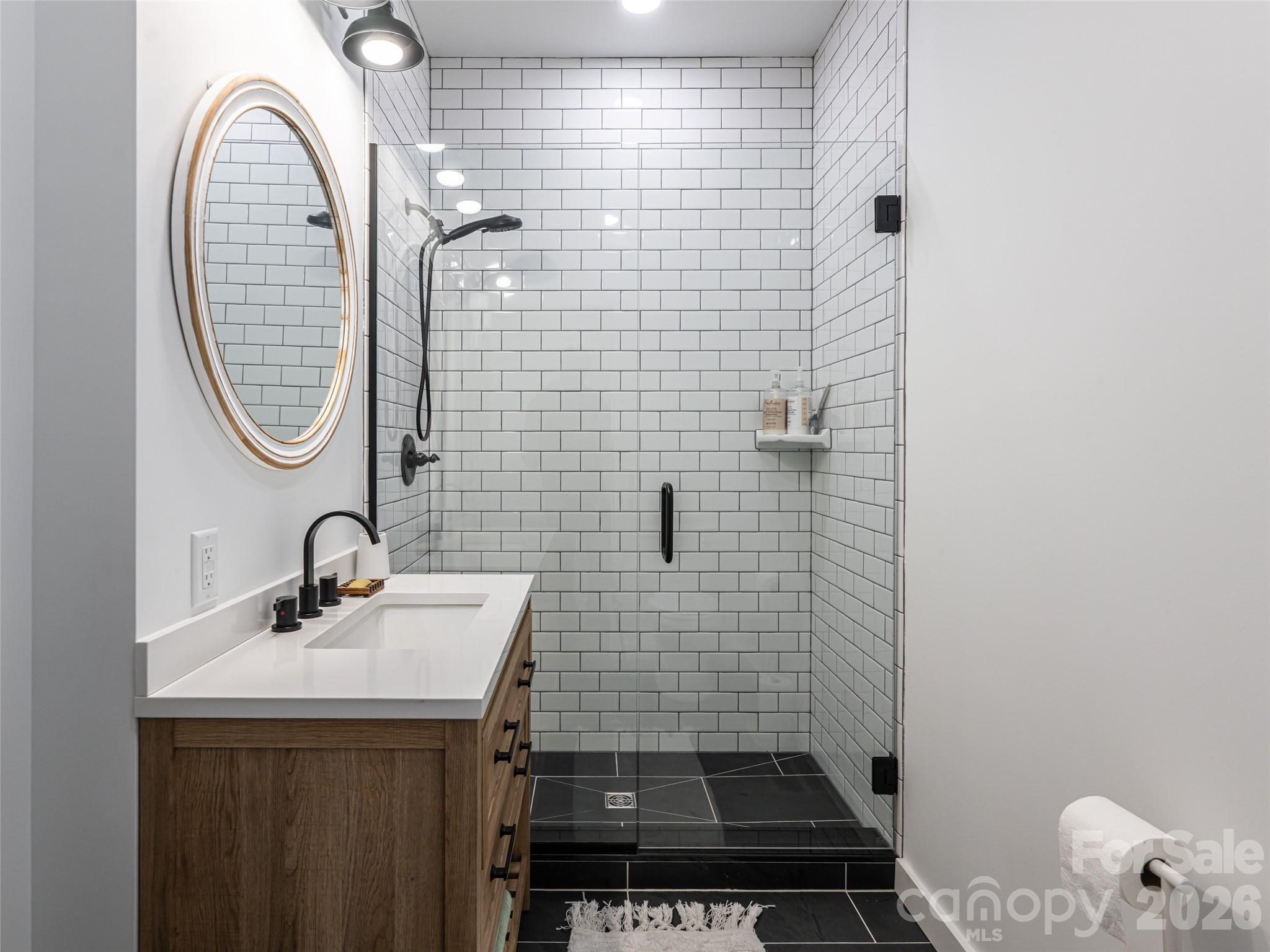 En-suite bathroom #2 with Brazilian Slate Tile - 508 Avery Creek Road, Arden