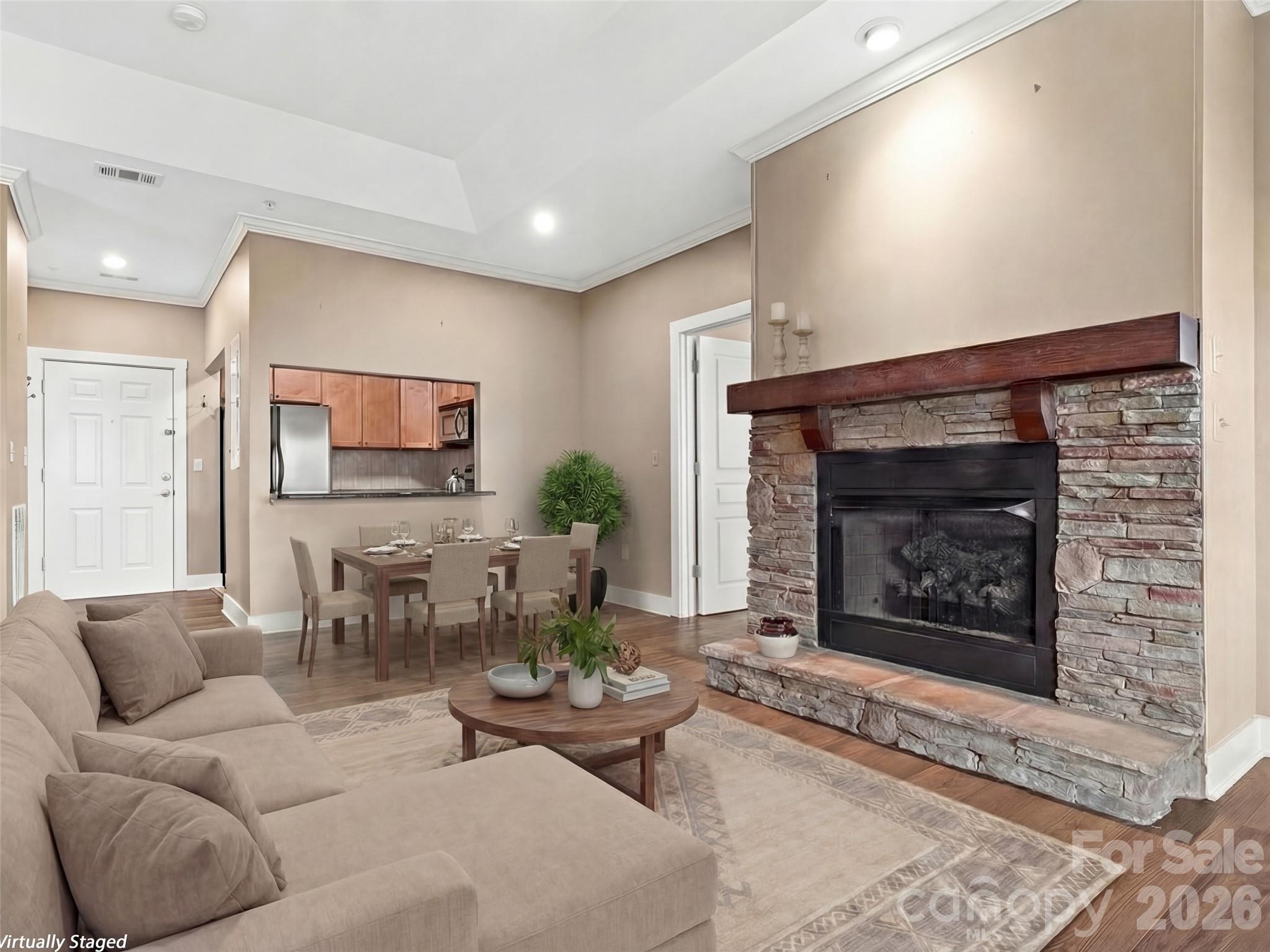 Virtually staged Living/ Dining looking towards entry door - 9 Kenilworth Knoll, Asheville