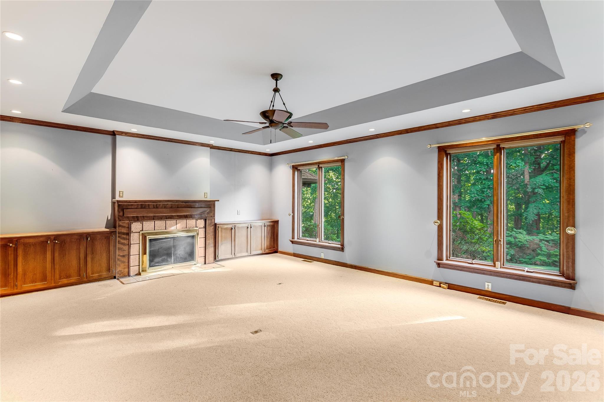 Tray ceiling and fireplace in library - 1087 Brigadoon Drive, Clyde