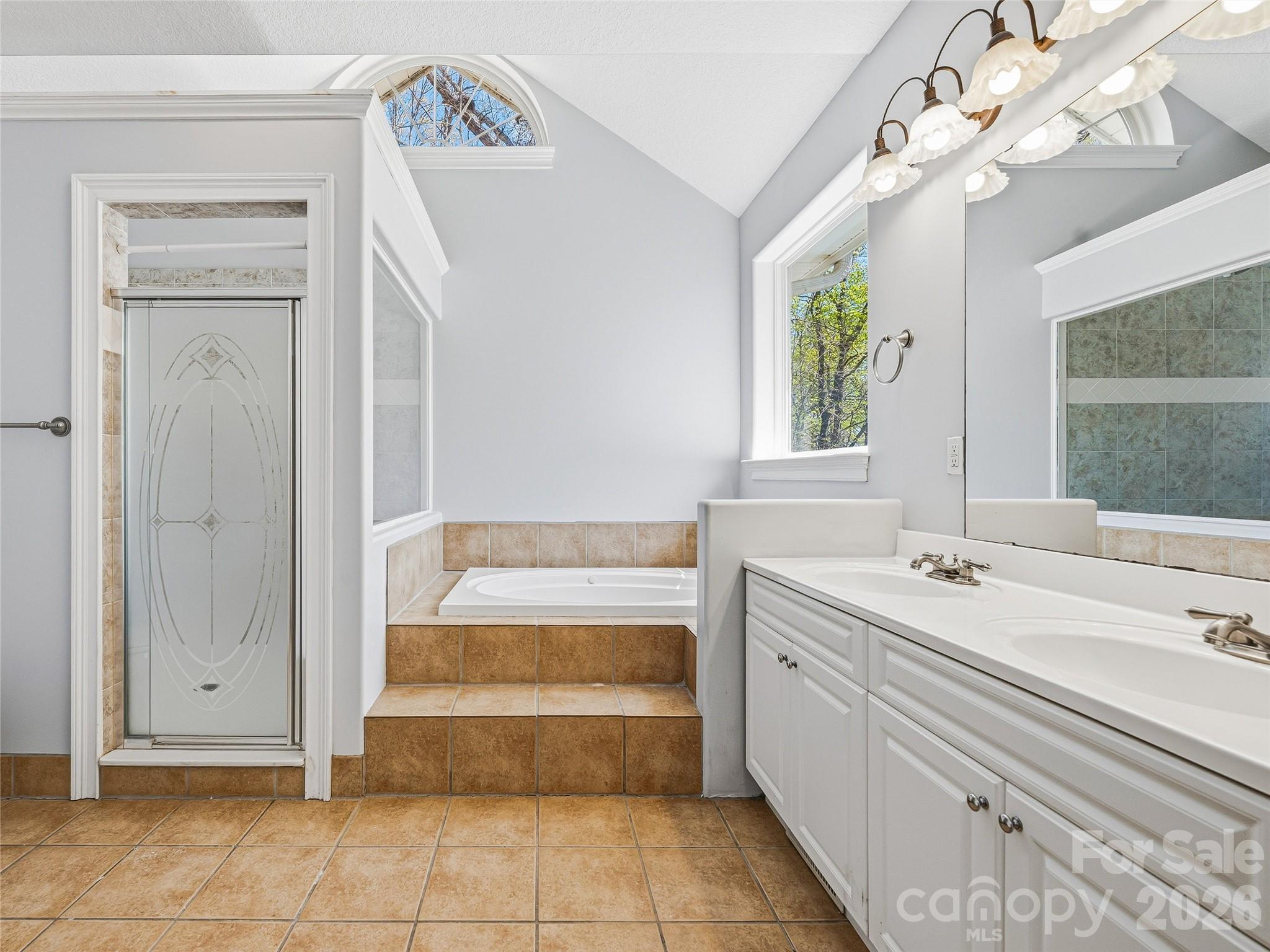 Primary tiled shower and soaking tub - 196 Blackbird Lane, Tryon