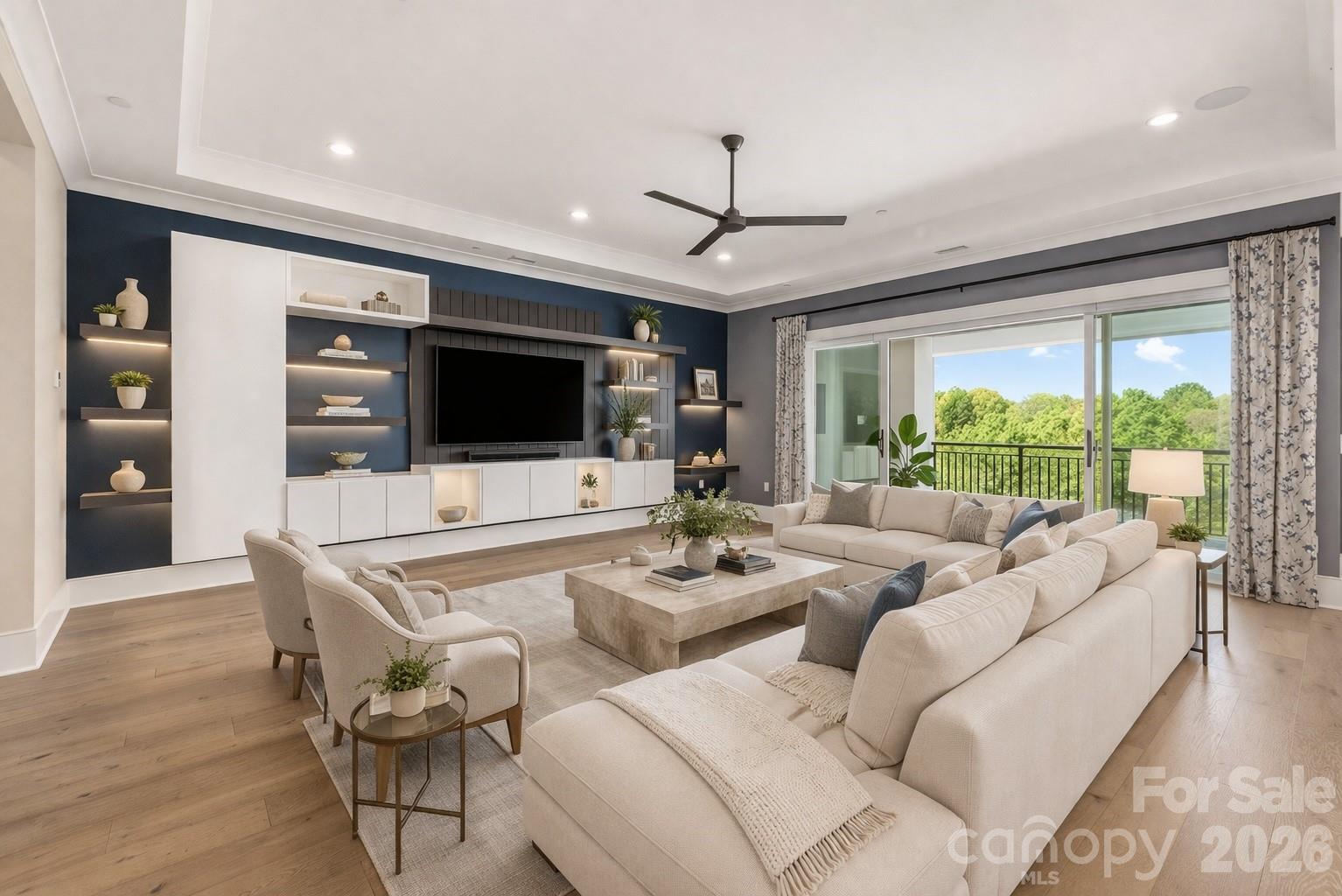 Virtually staged living room off lanai - 19329 Watermark Drive, Cornelius