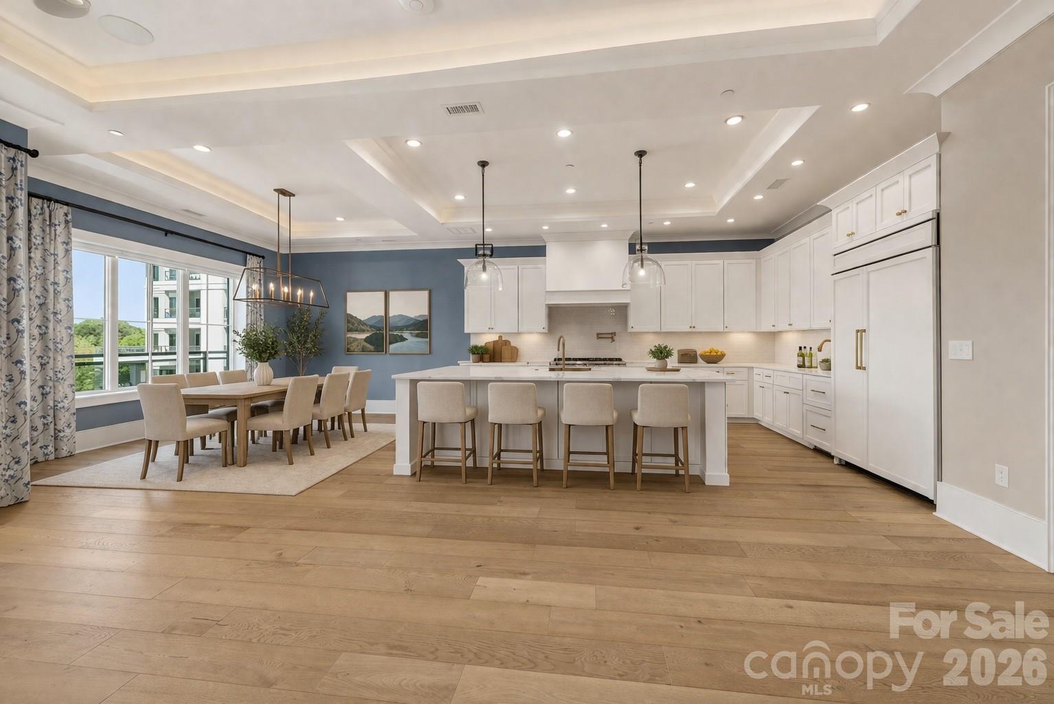 Virtually staged big view of kitchen and dining - 19329 Watermark Drive, Cornelius