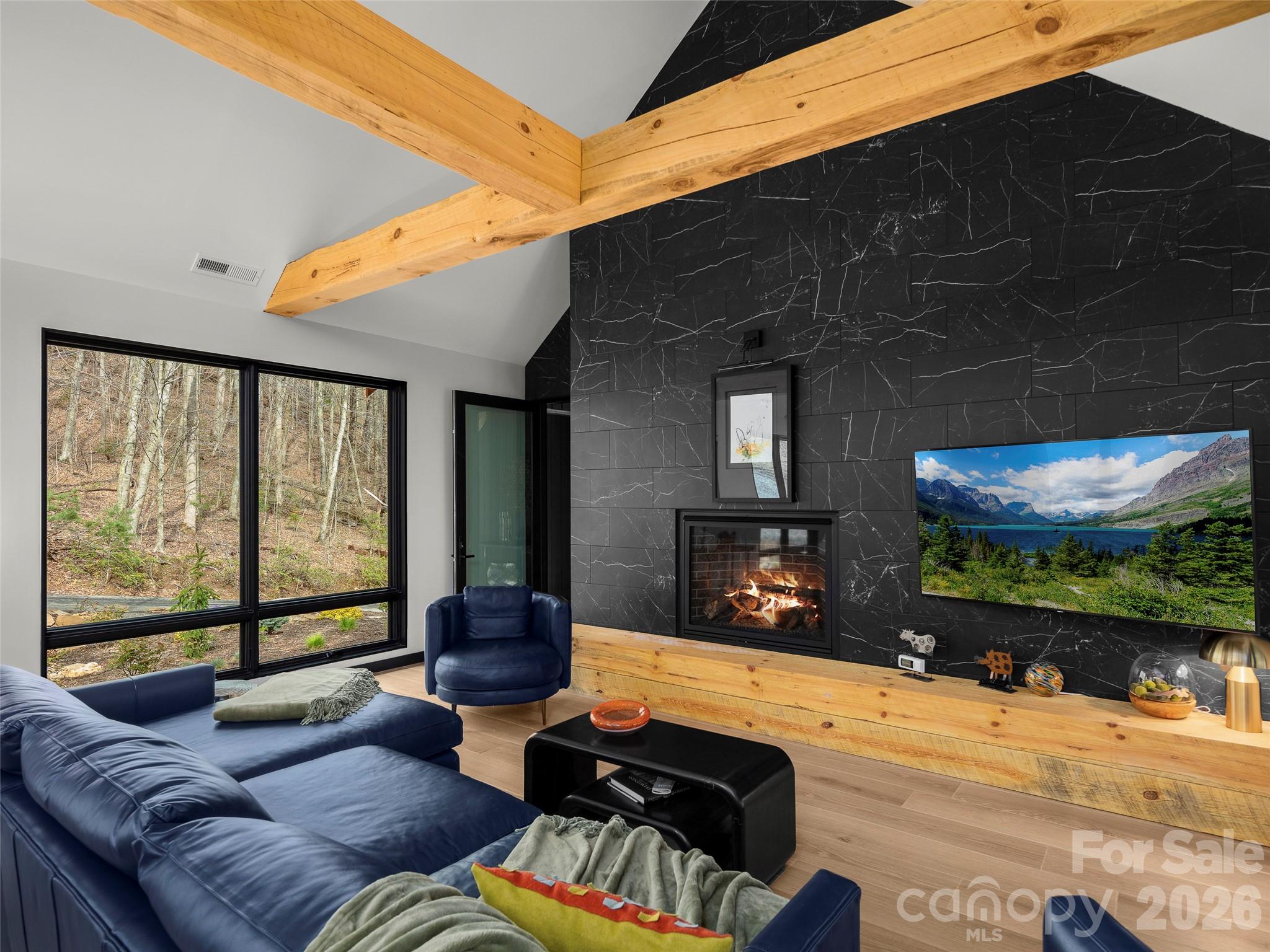 Great Room with custom gas fire place - 80 Hemlock Circle, Black Mountain