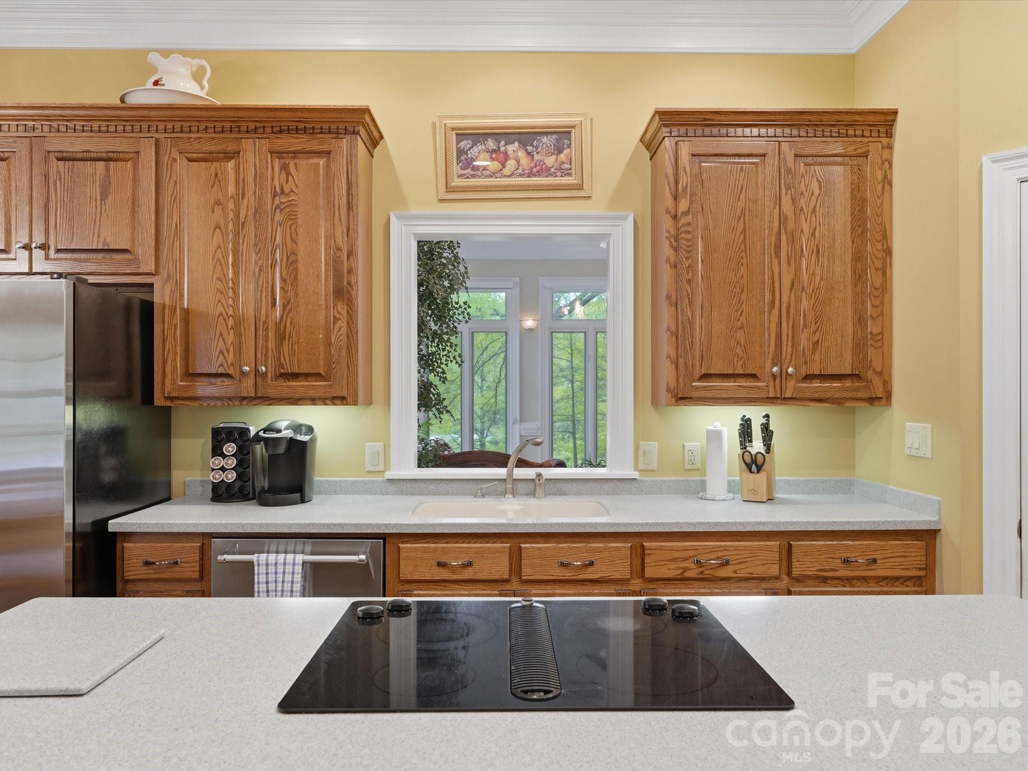 Electric cooktop. Window to four seasons room with lake view. - 1215 Rosa Drive, Monroe