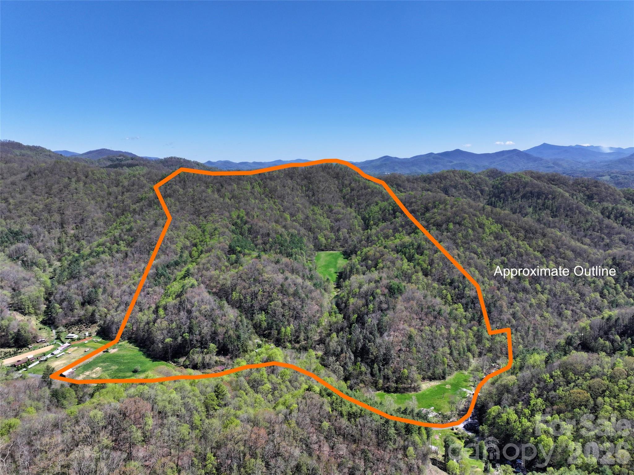 Approximate outline using GIS data, showing two pastures and the hidden meadow above them - 2180 Pigeon Roost Road, Green Mountain