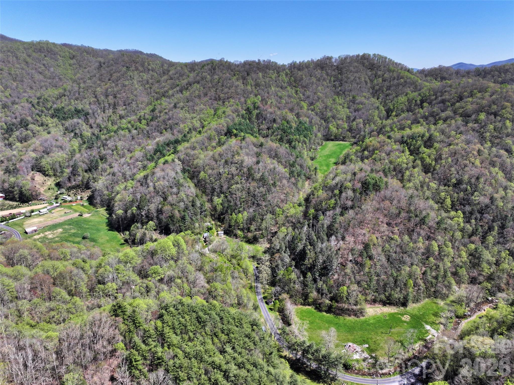Aerial of two lower pastures and the upper hidden meadow - 2180 Pigeon Roost Road, Green Mountain