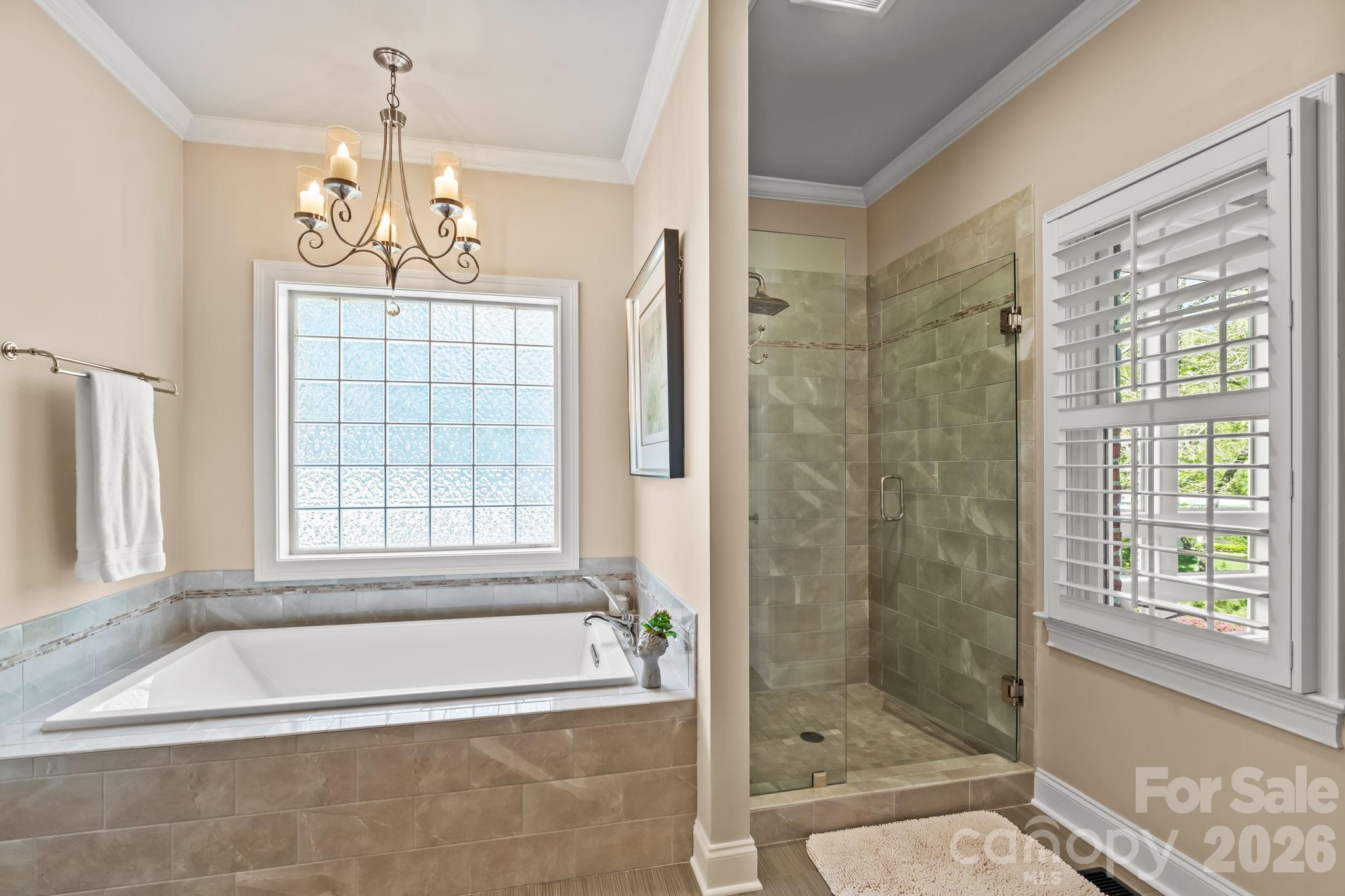Soaking tub and walk in tiled shower with glass block window and plantation shutters for privacy - 11555 Double Spring Road, Lewisville