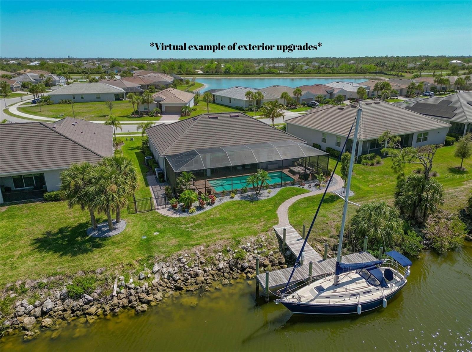 AI exterior upgrades example with ai screened in pool with path to a docked sailboat. - 14500 PONCE DE LEON TRL, PORT CHARLOTTE