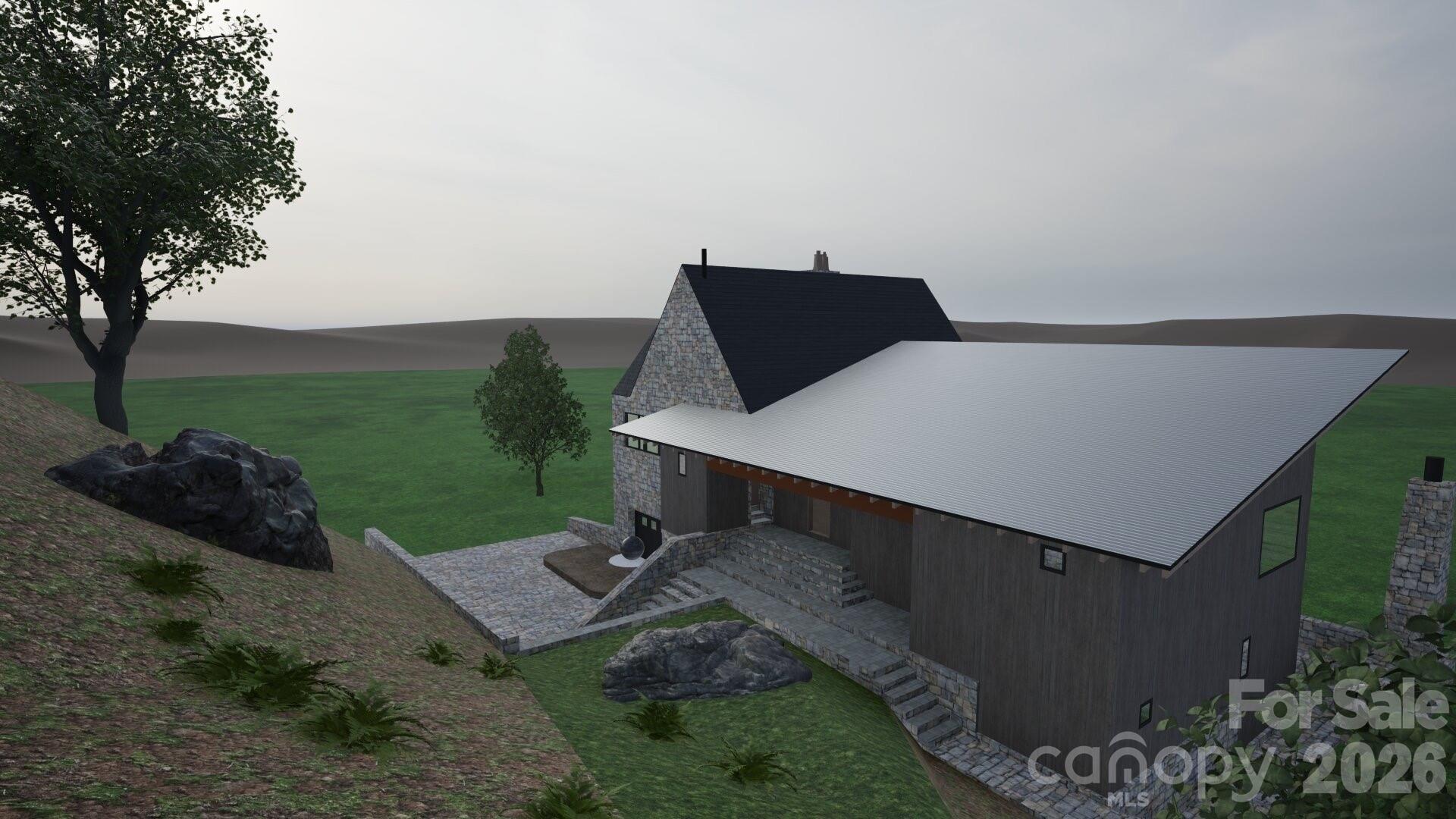 Rendering of the front of the house. Note the stone walkway all the way around the home. - 122 Running Deer Lane, Mars Hill