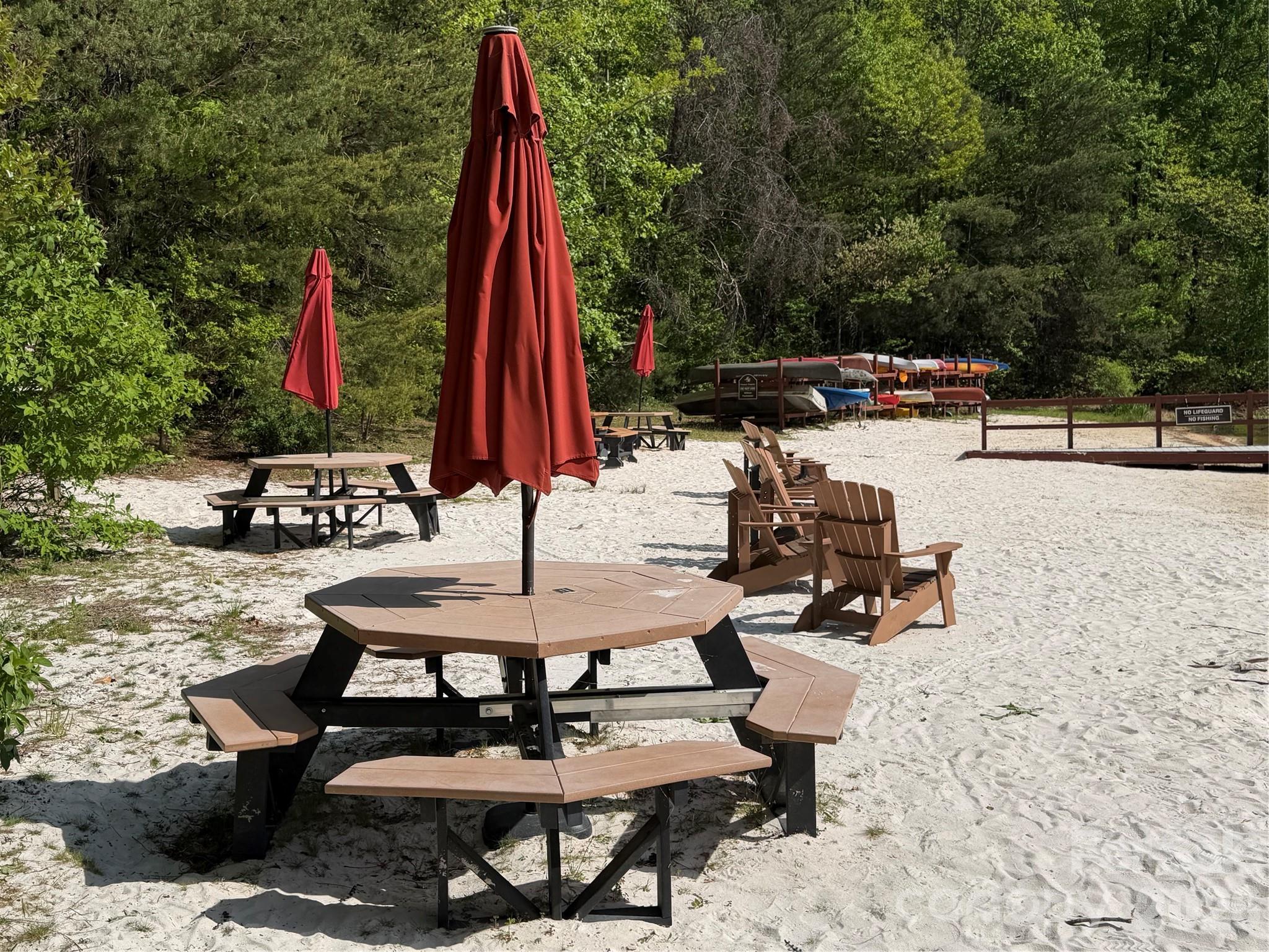 Picnic tables and canoe/kayak storage at the beach on the swimming lake. - 00 Lakeview Drive, Tryon