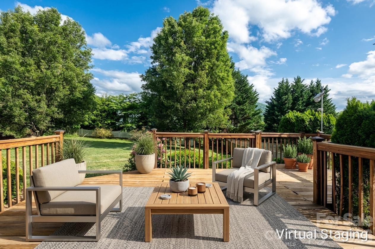Large rear deck overlooking the level backyard, community green space and long-range mountain views; natural gas home, Fletcher NC. - 48 Brownstone Court, Fletcher