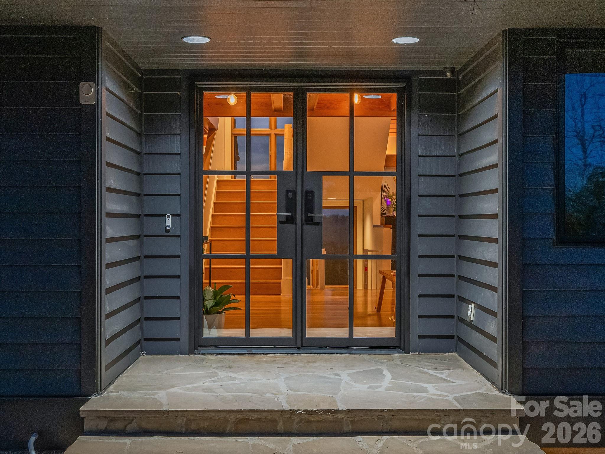 New Restoration Hardware glass pivot front door, installed in 2026. - 100 Big Spring Drive, Asheville