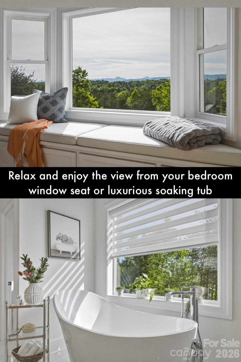 Relax on the bay window seat (with custom cushions and storage underneath) and take in the endless mountain view or soak in the stunning soaking tub, made of volcanic stone, imported from Victoria & Albert Co.. - 1506 High Valley Way, Lenoir
