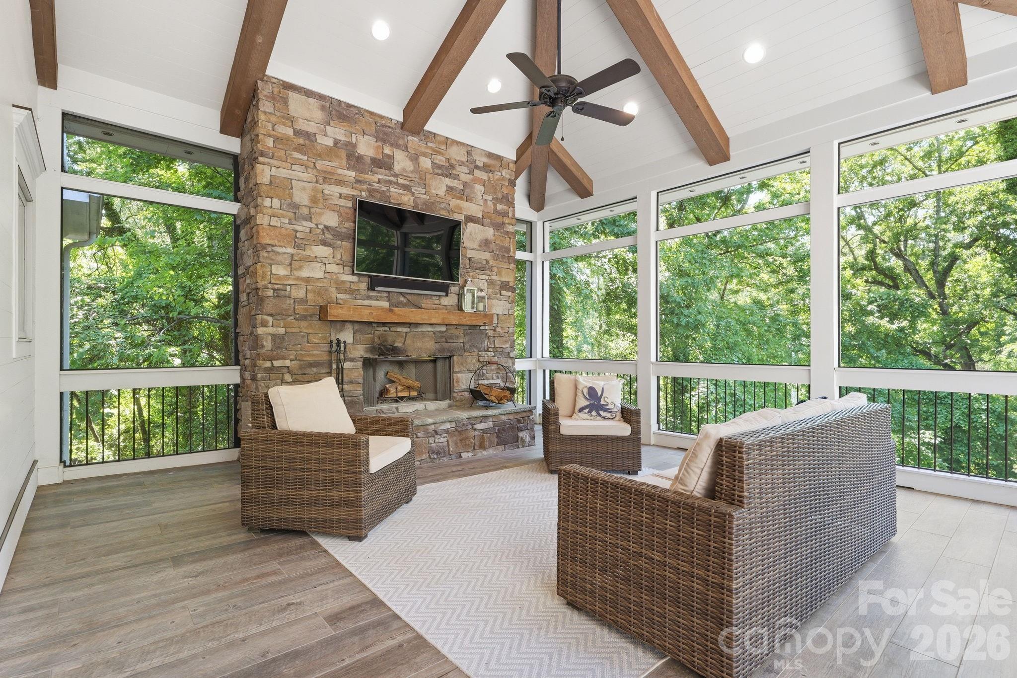 Main level screened porch with fireplace - 235 Grey Road, Davidson