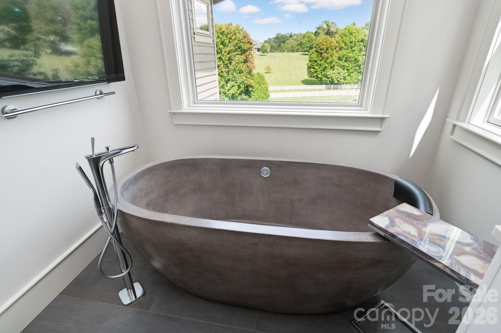 Unique soaking tub with amazing views in primary bathroom suite - 31 Bradford Vistas Drive, Fletcher