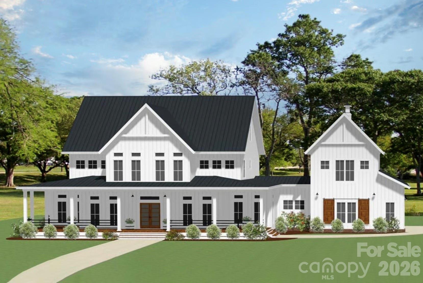 Stunning modern farmhouse features crisp white board-and-batten siding, a sleek black metal roof, charming wood-accented double doors. Full-front porch/expansive windows offer seamless indoor-outdoor living! - Lot 5 Country Estates Drive, Waxhaw