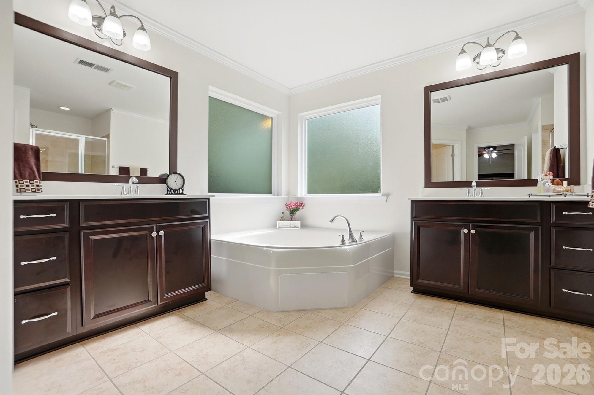 Large primary bath. All bathrooms have new framed mirrors - 1413 Screech Owl Road, Waxhaw