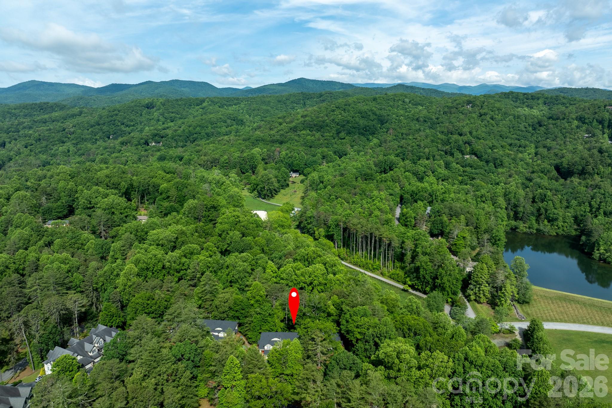Mountain Living Near Straus Lake – Scenic aerial perspective showcasing the home’s peaceful wooded setting near Straus Lake, walking paths, and breathtaking mountain scenery. - 99 Ridgetop Circle, Brevard