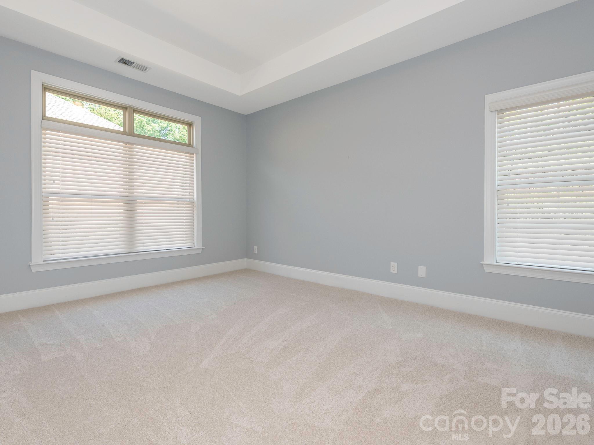 Primary bedroom has tray ceiling and brand new carpet. - 4534 Ideal Way, Harrisburg