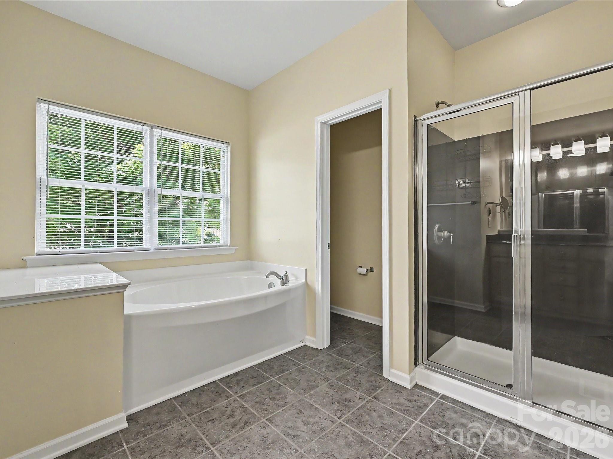 Master bathroom with large garden tub and separate tiled shower - 152 Lighthouse Road, Mount Holly