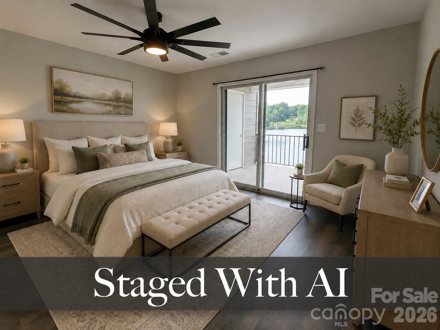 Primary bedroom. Staged with AI. - 100 Northshore Court, Cherryville