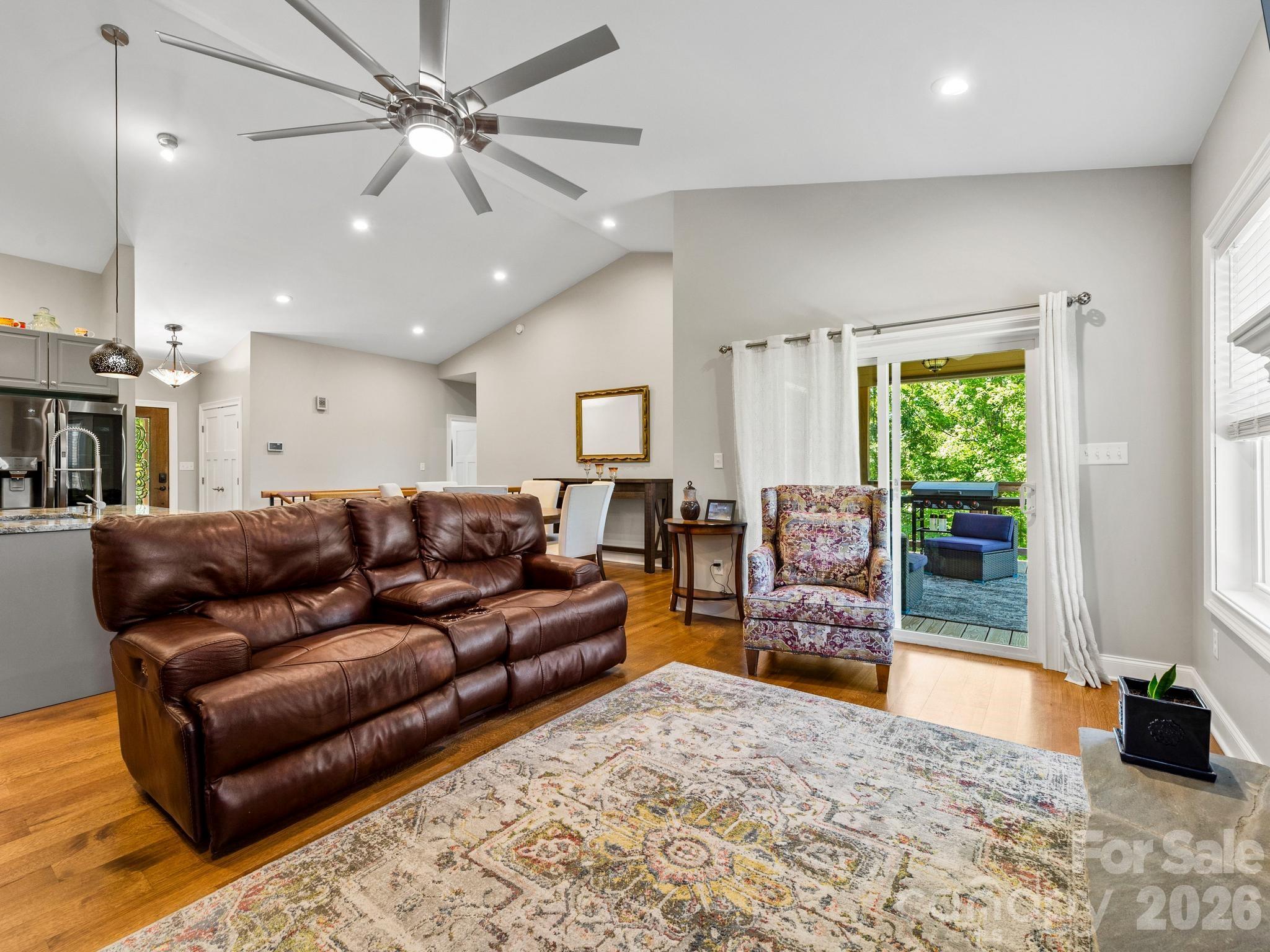 Living Room Open to Kitchen, Dining, and Covered Patio - 156 Dogwood Drive, Weaverville