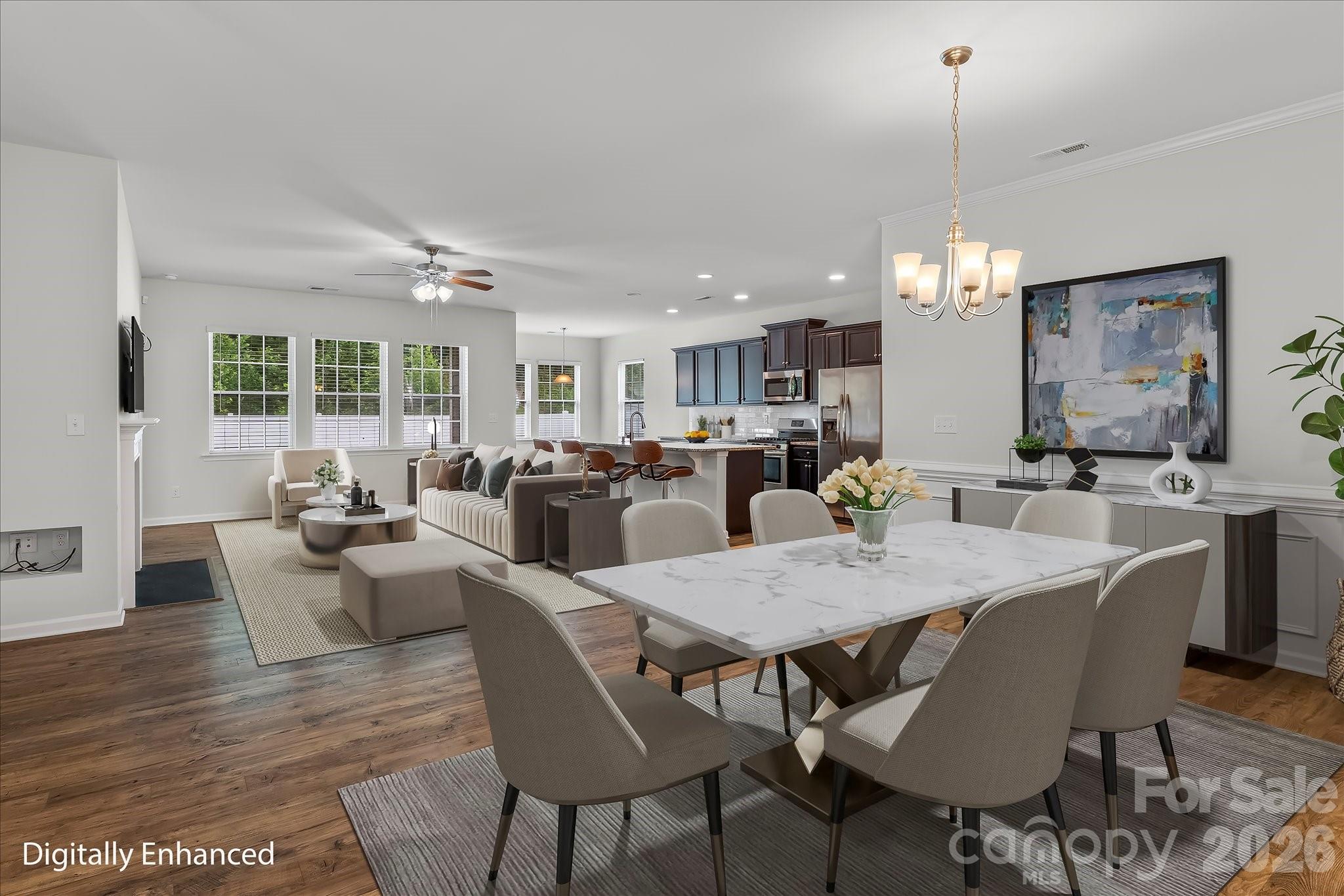 Virtually staged. Open floor plan - dining area / family room / kitchen - 188 Cherry Birch Street, Mooresville