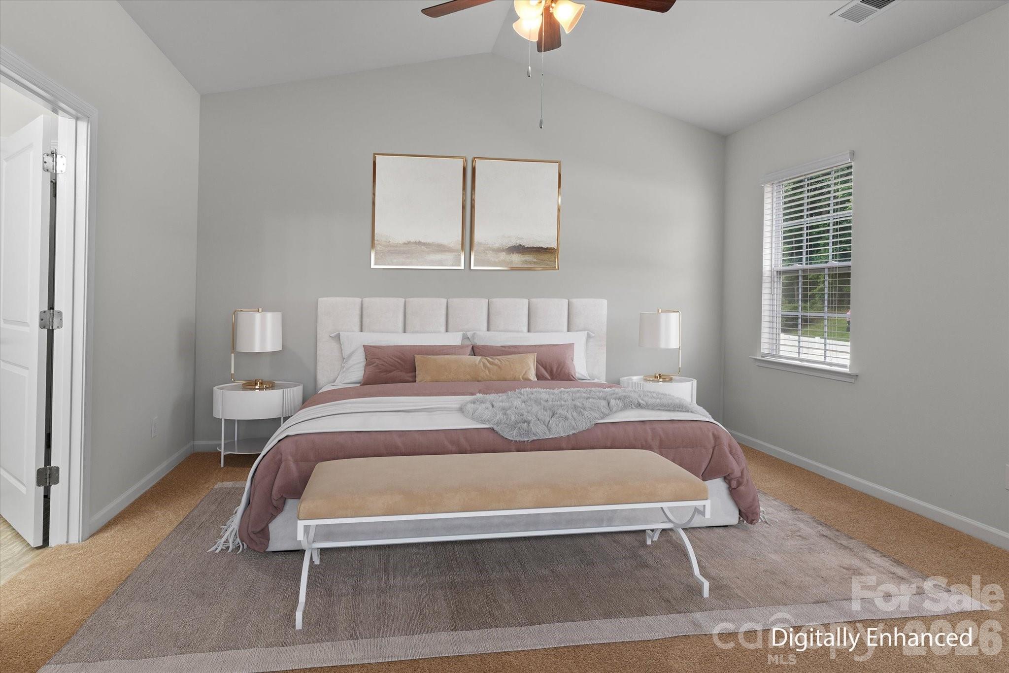Virtually staged primary bedroom with new carpet - 188 Cherry Birch Street, Mooresville