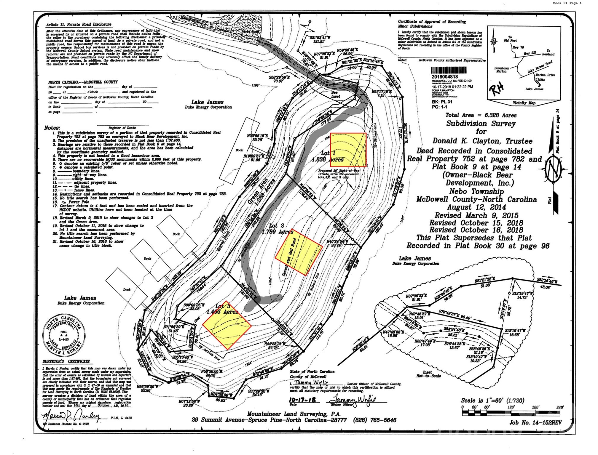 Plat map with artist rendering of suggested building sites and approximate location of access road. - 804 Marina Drive, Nebo