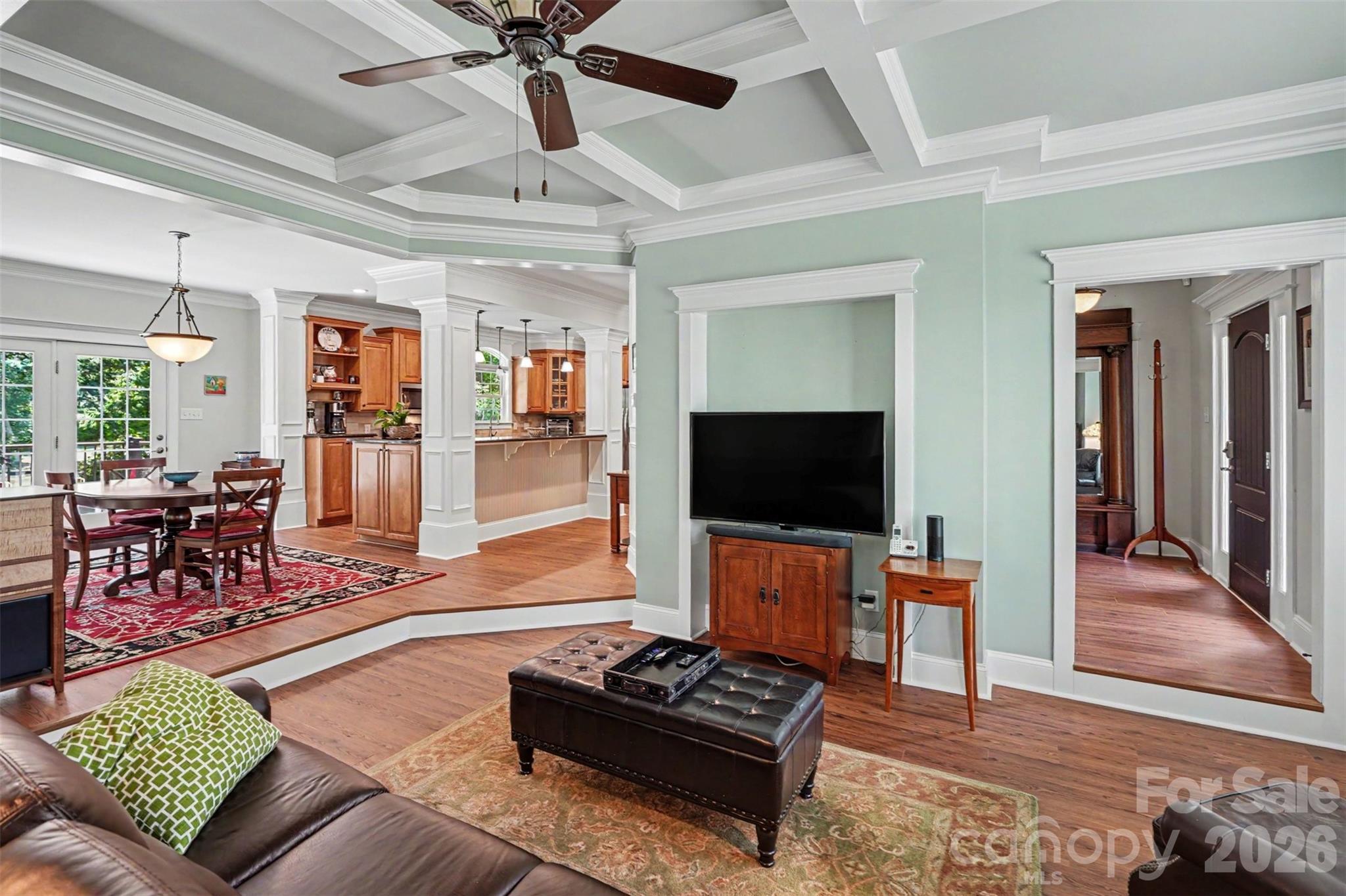 Spacious living room with coffered ceiling - 162 Twin Lakes Drive, Statesville