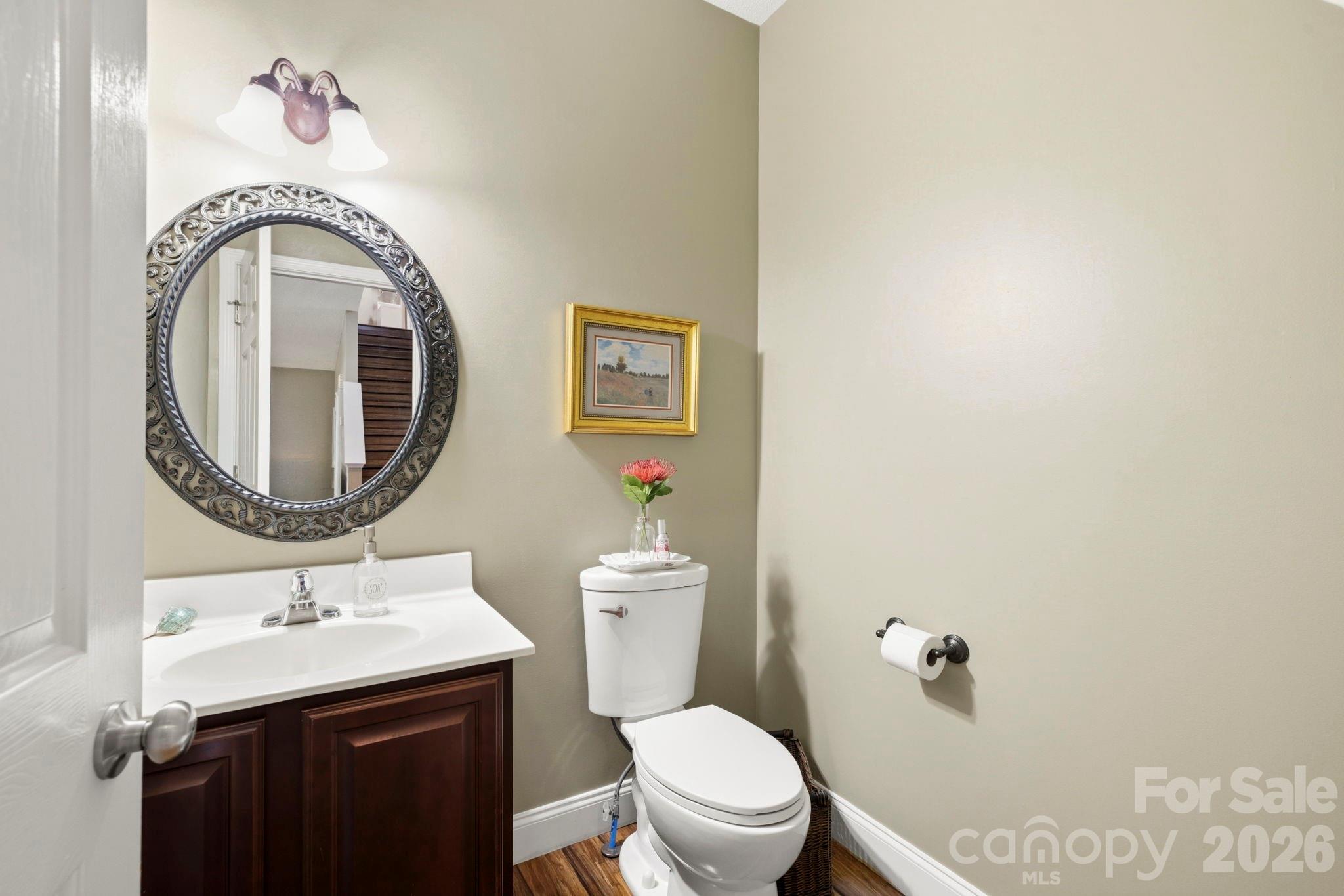 Stylish main-level powder room with updated vanity, decorative mirror, and convenient guest access. - 266 Wildbriar Road, Fletcher