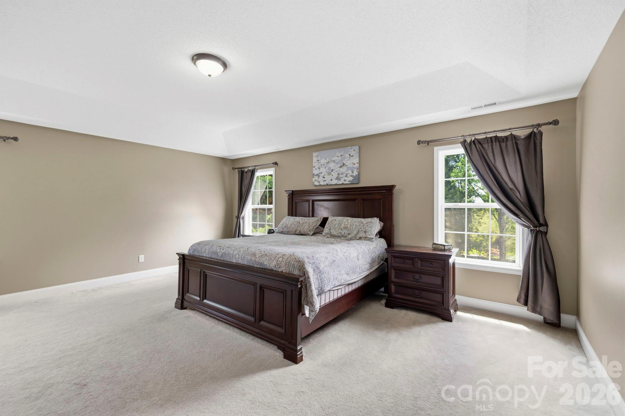 Spacious primary bedroom featuring a tray ceiling, plush carpeting, abundant natural light, and ample room for a sitting area or additional furnishings. - 266 Wildbriar Road, Fletcher