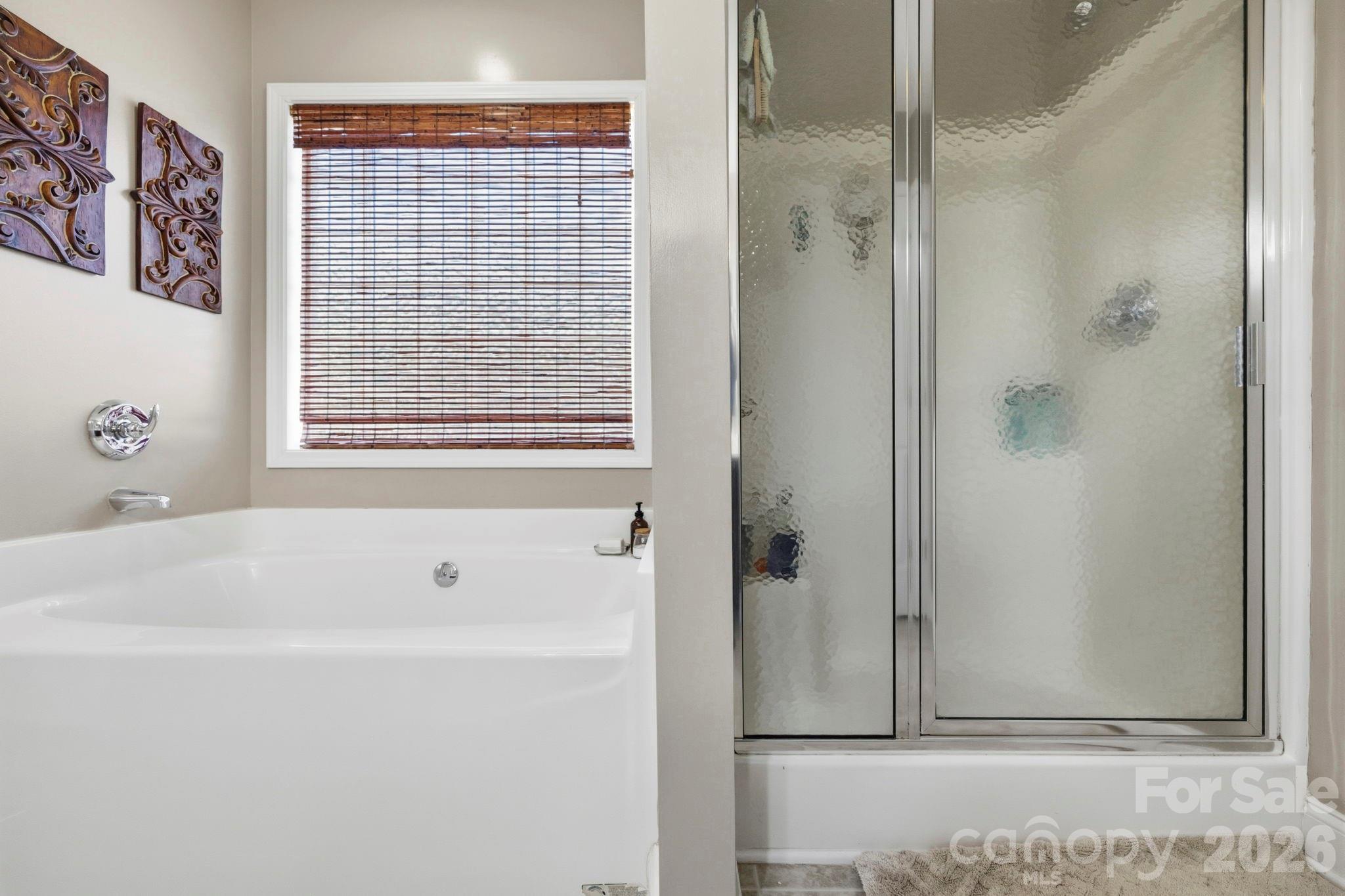 Relaxing owner's bath featuring a separate glass-enclosed shower and soaking tub positioned beneath a large window for natural light. - 266 Wildbriar Road, Fletcher