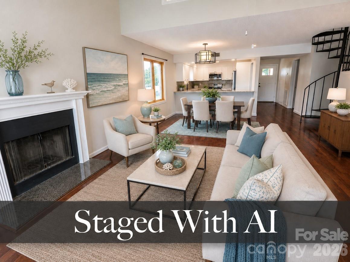 Living room in blue imagined with AI staging. - 100 Northshore Court, Cherryville