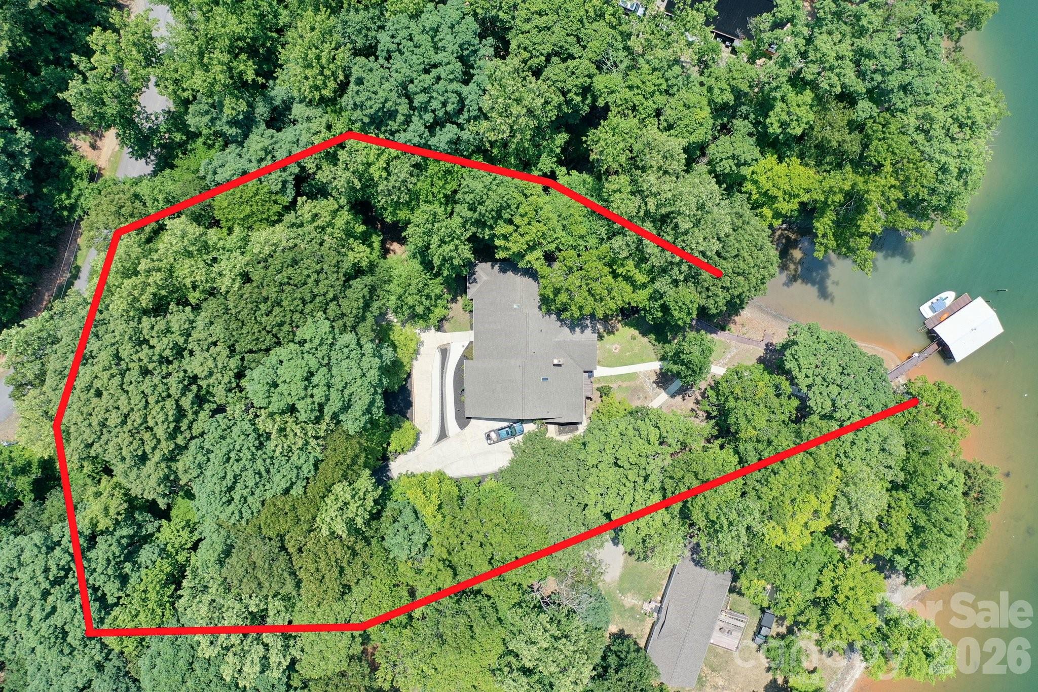 Drone view with property lines - 105 Quail Lane, Mooresville