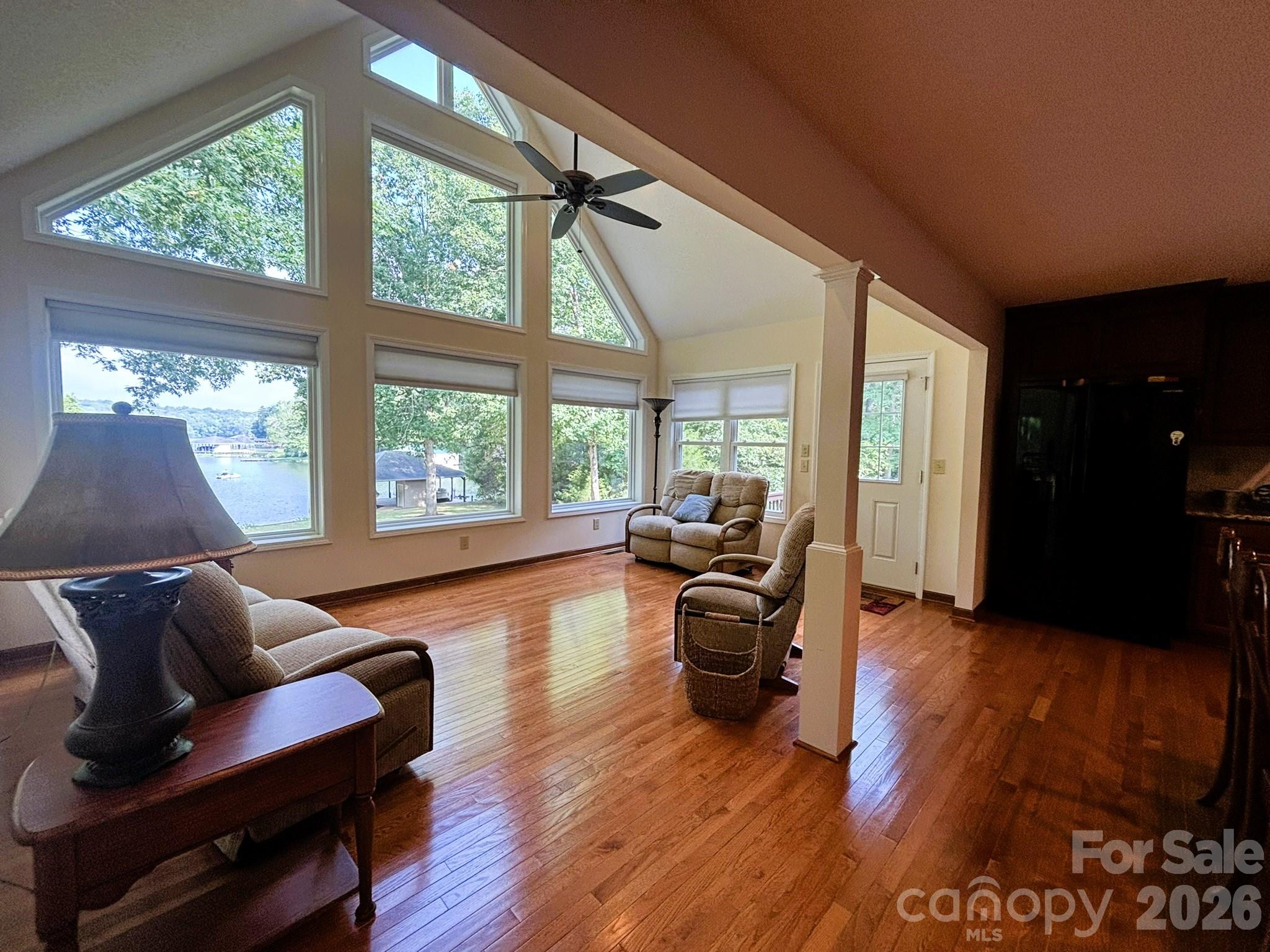 Floor to Ceiling windows facing Lake Tillery, Living Room, - 130 Canoe Court, Mount Gilead