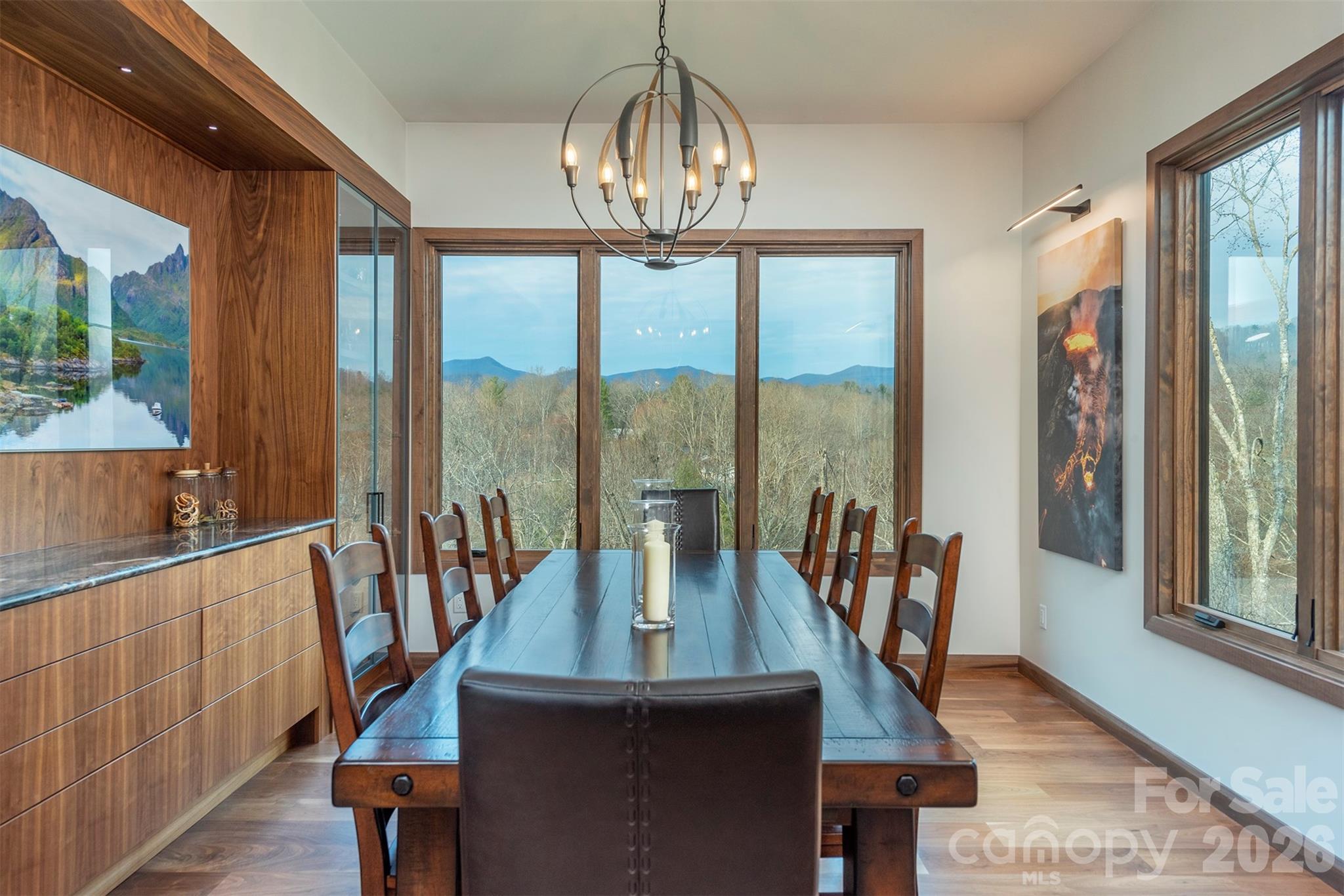 Dining room has custom cabinets that are back lit for beautiful enchancements while dining and enoying mountian views - 158 Riverbend Forest Drive, Asheville
