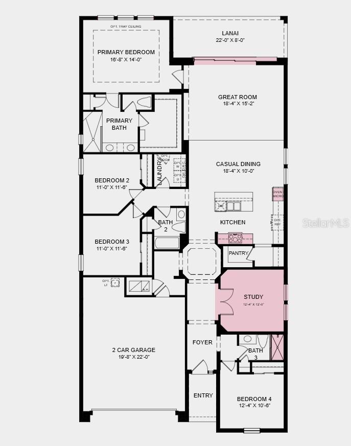 Floor Plan - Additional Highlights Include: pocket sliding glass door in great room, shower in place of tub in bathroom 3, French doors into the study, refrigerator, and pre-plumb for laundry sink - 25 GEOSAM DR, PALM COAST