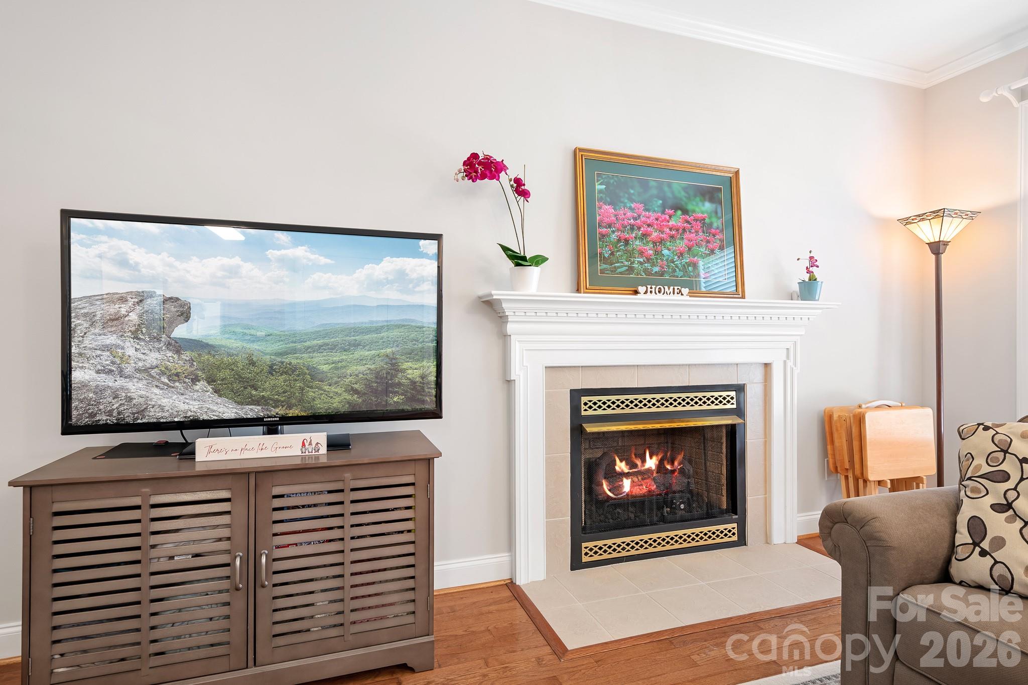 Gas log fireplace in living room - 215 Knops Nob Road, Mooresville
